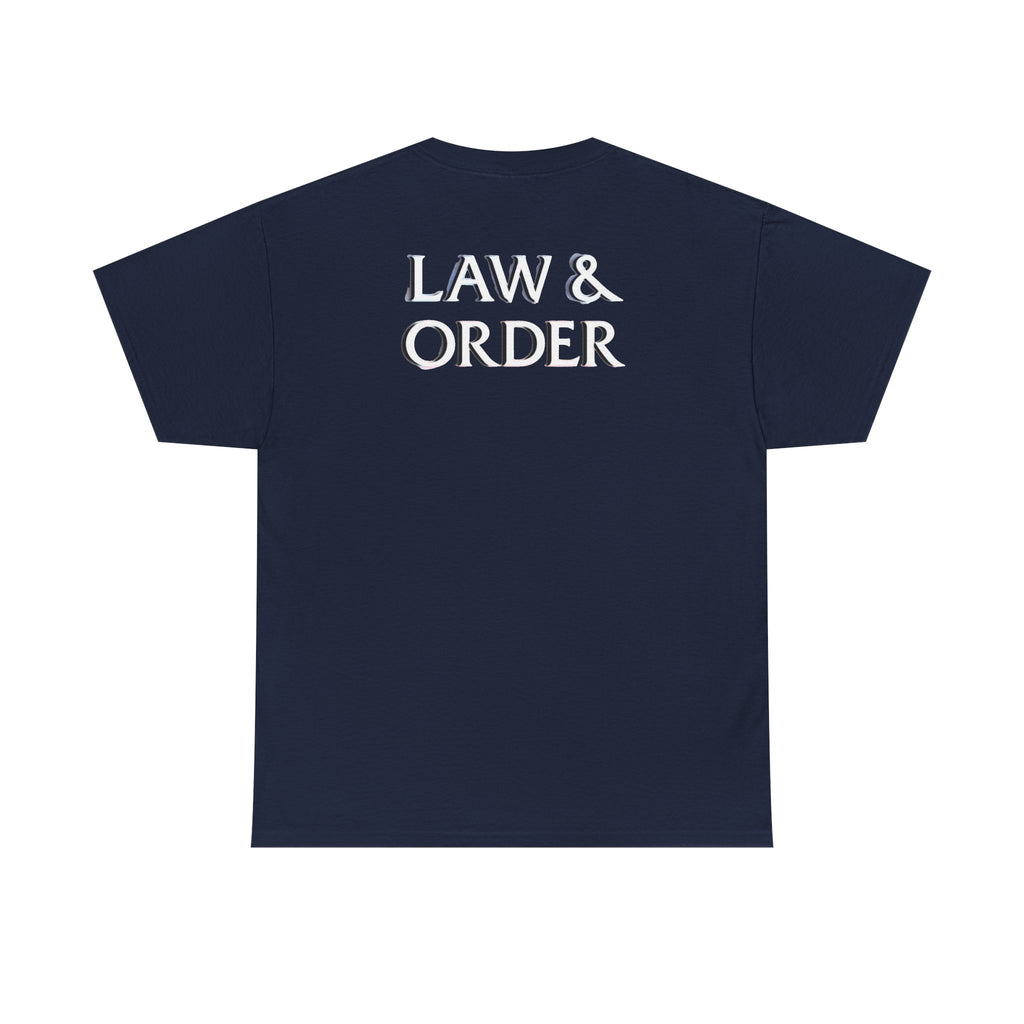 DUN DUN / Law & Order Graphic Tee — Retro Red & Blue Text Shirt