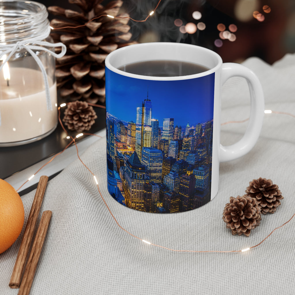 NYC City Skyline Coffee Mug — Nighttime Urban Panorama Ceramic Cup (11oz & 15oz)