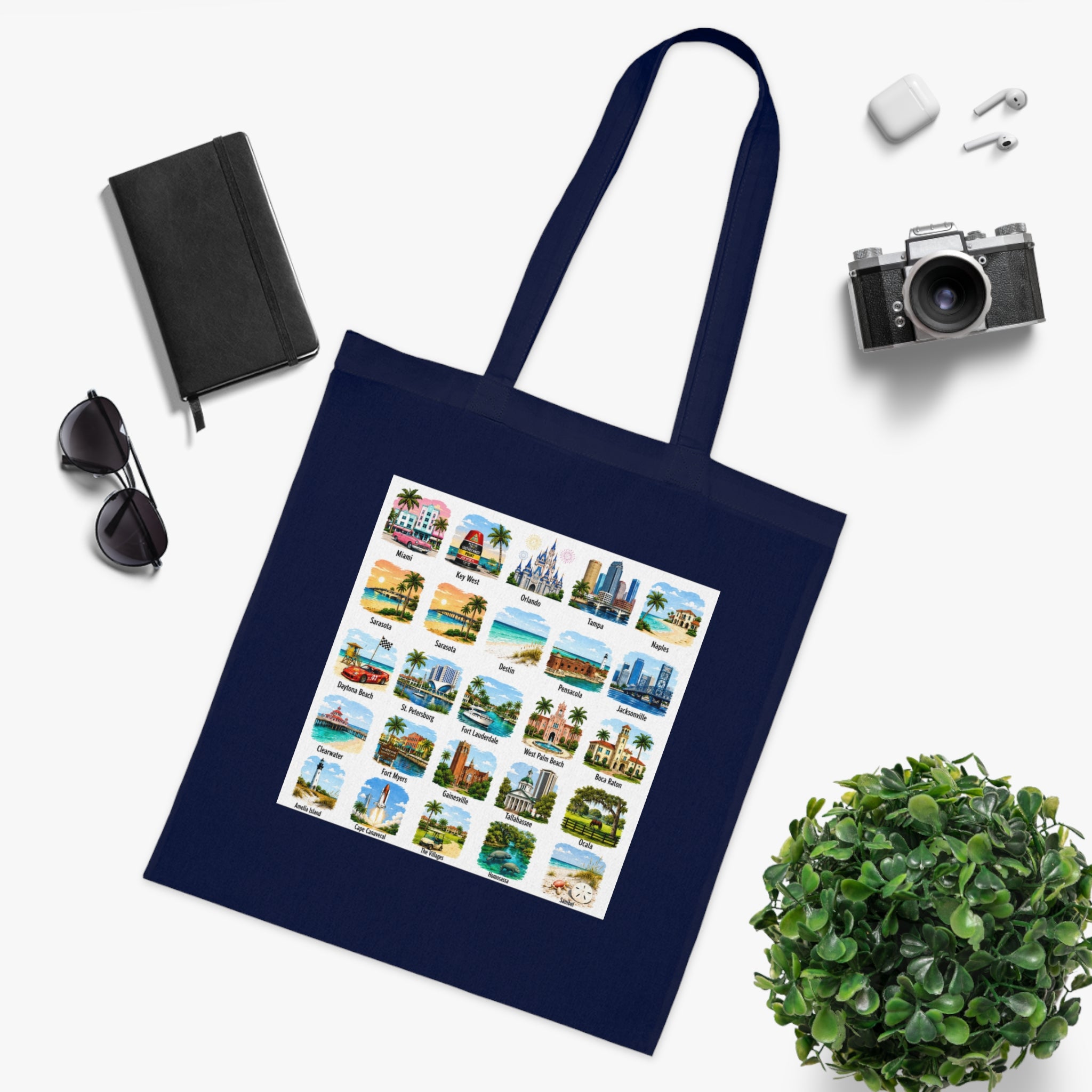 Florida City Landmarks Collage Cotton Tote – Vintage Travel Postcard Design