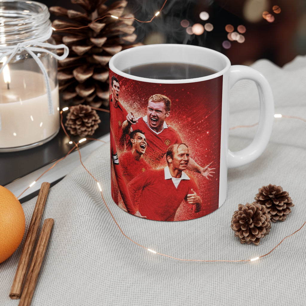 Manchester United Football Legends Ceramic Mug — Retro Soccer Team Collage (11oz, 15oz)