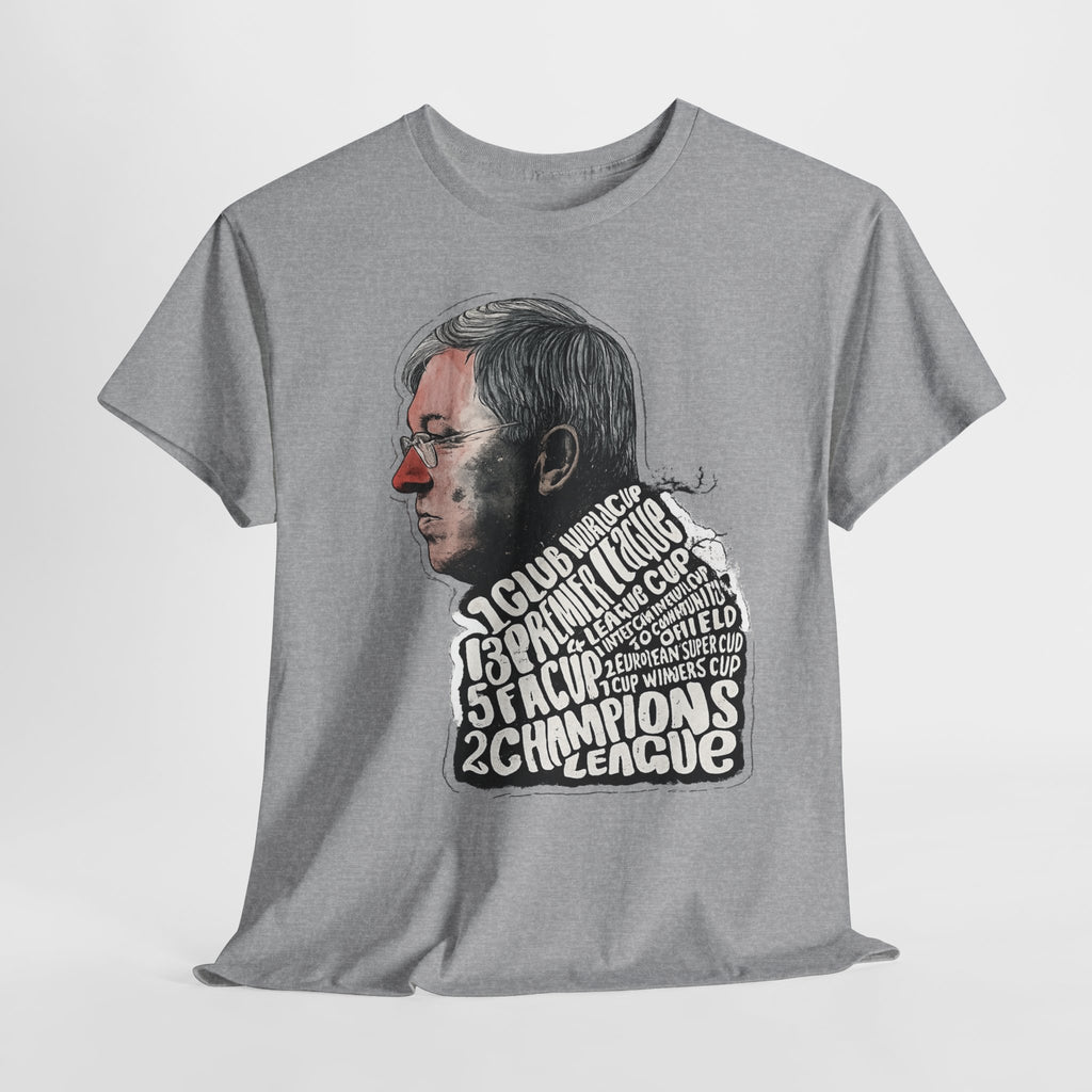 SIr Alex Ferguson Achievements Vintage Football Manager Profile Tee — Illustrated Head with Trophy Text Design