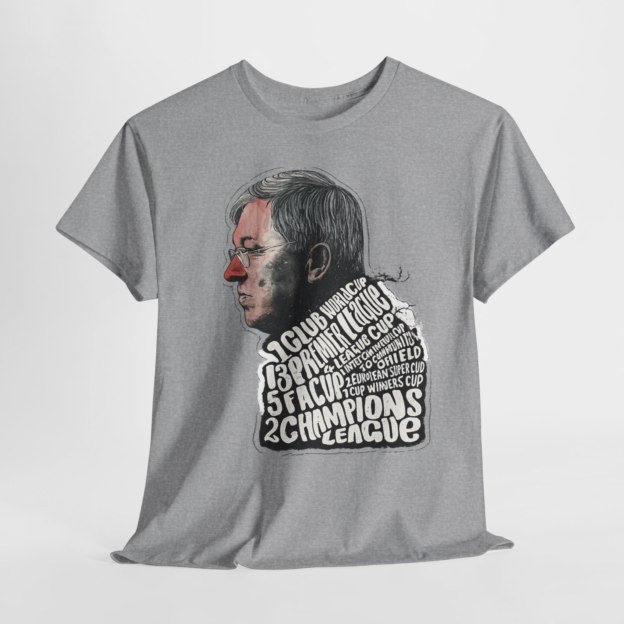 SIr Alex Ferguson Achievements Vintage Football Manager Profile Tee — Illustrated Head with Trophy Text Design