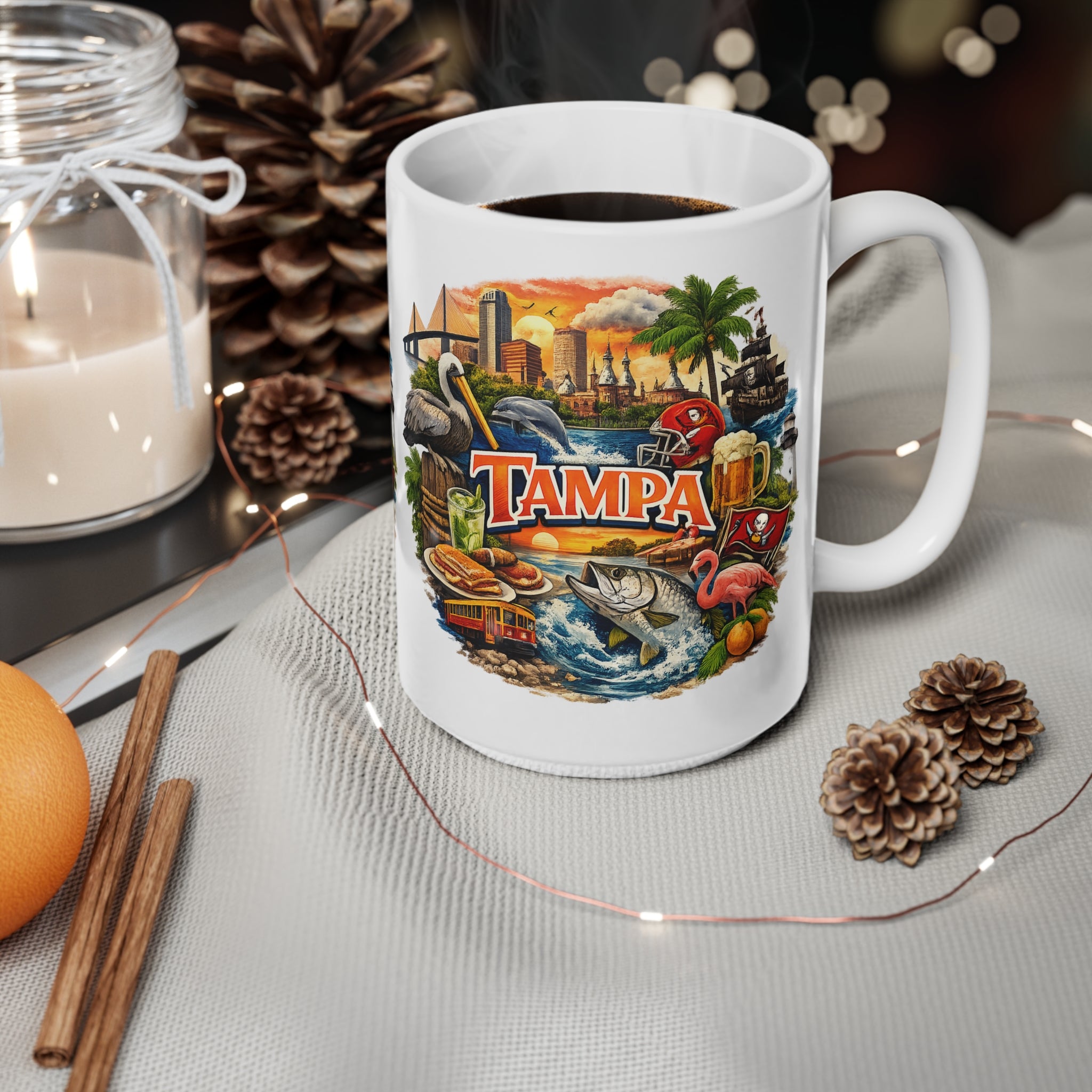 Tampa Cityscape Ceramic Coffee Mug — 11oz & 15oz Souvenir Mug with Skyline, Pelican & Tropical Icons