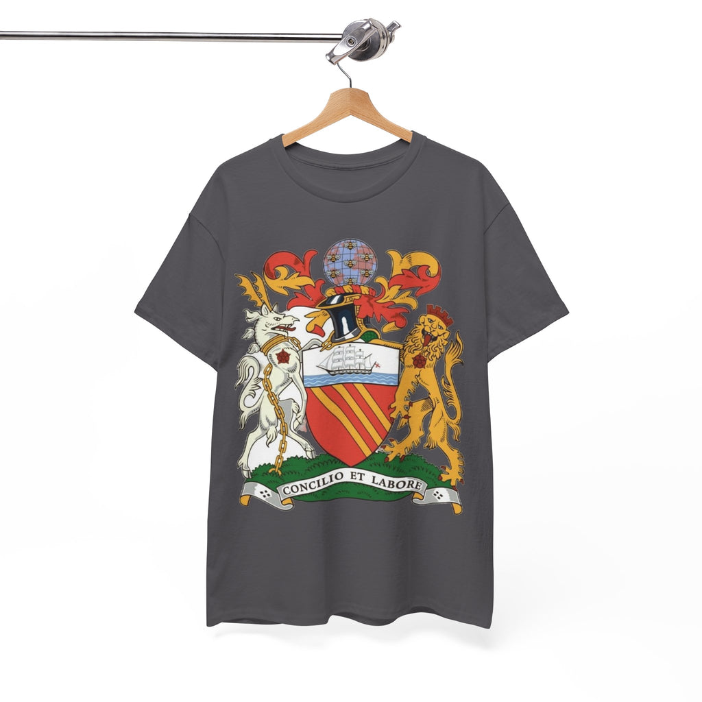 Manchester Coat of Arms Crest T‑Shirt — Heraldic Family Shield Tee with 'Concilio et Labore' Banner