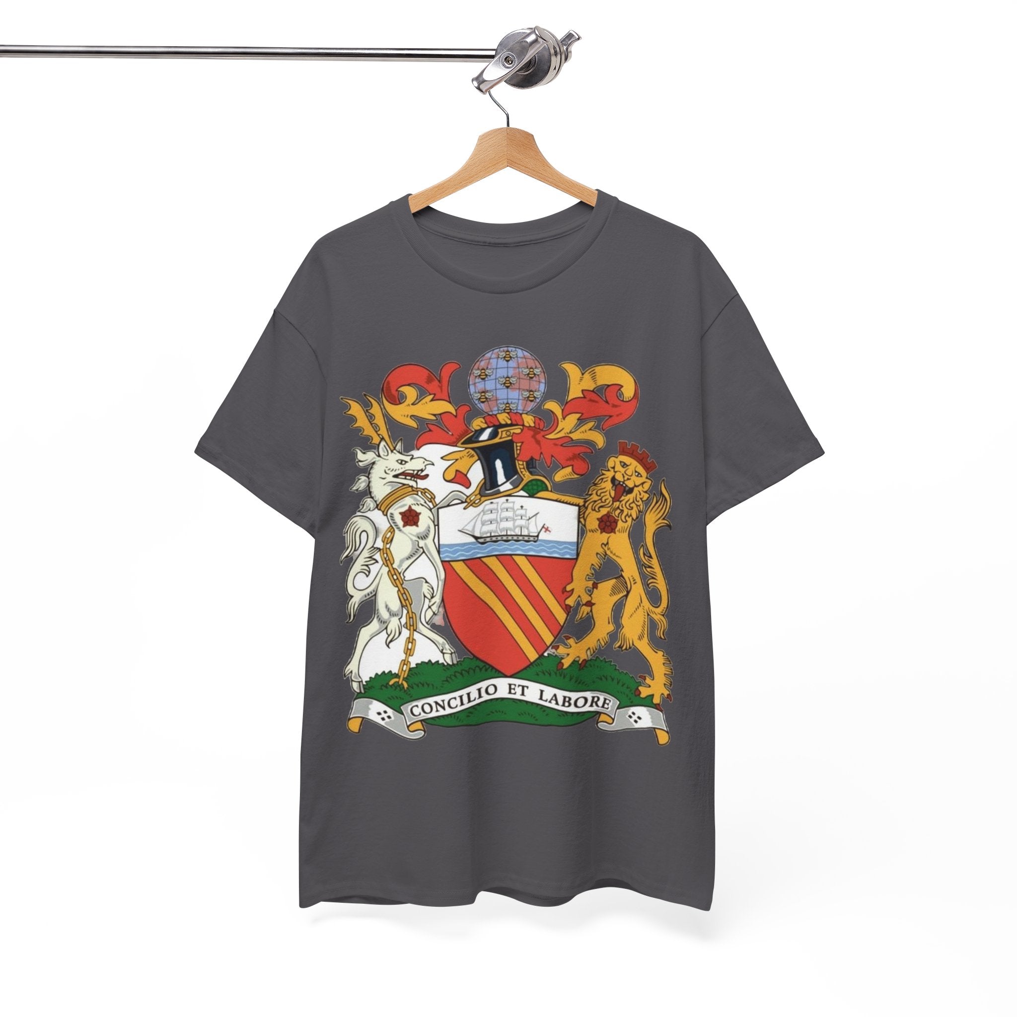 Manchester Coat of Arms Crest T‑Shirt — Heraldic Family Shield Tee with 'Concilio et Labore' Banner