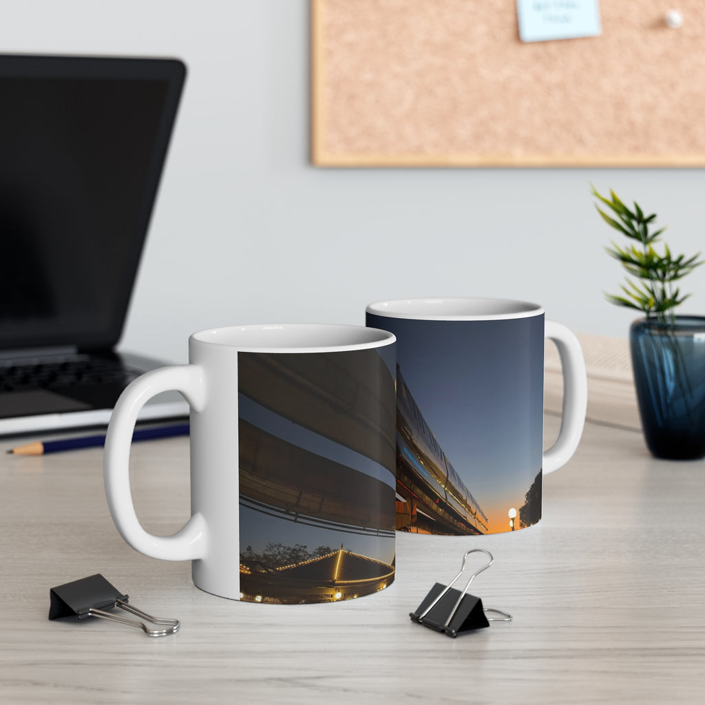WDW Monorail Nightscape Ceramic Mug — Modern Curved Building Photo (11oz & 15oz)