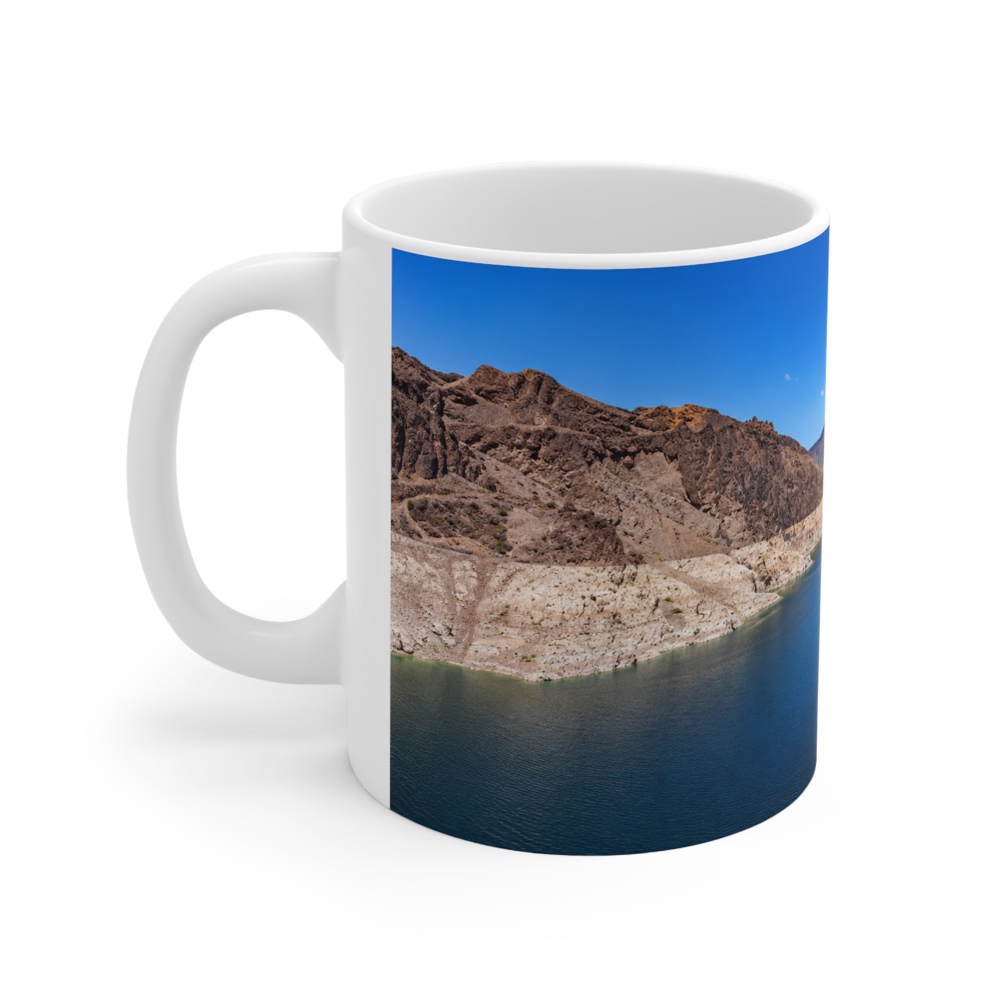Desert Canyon Lake Photo Mug — Scenic Blue Waters Ceramic Coffee Cup (11oz & 15oz)