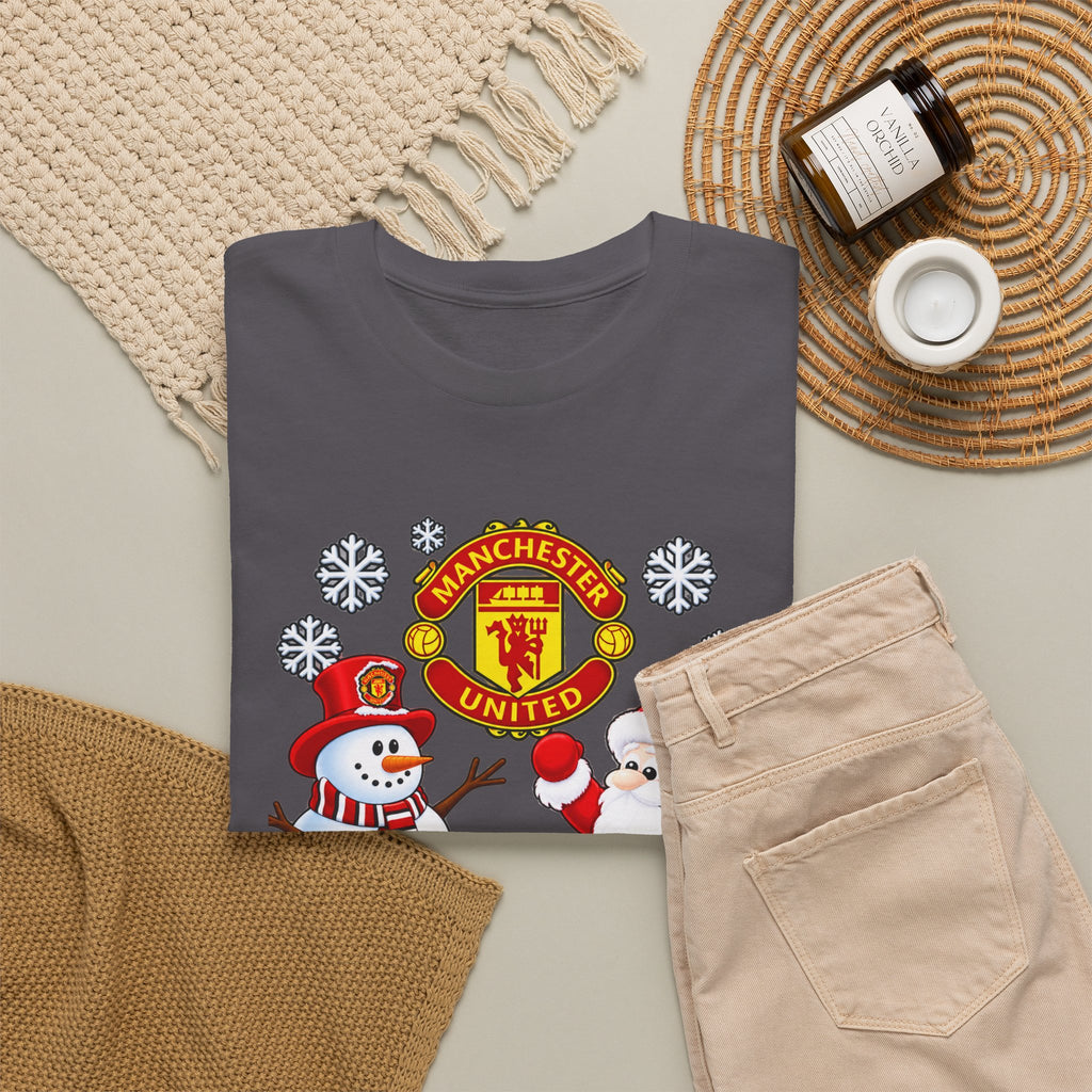 Manchester United Christmas Cotton Tee — Santa & Snowman Football Holiday Shirt