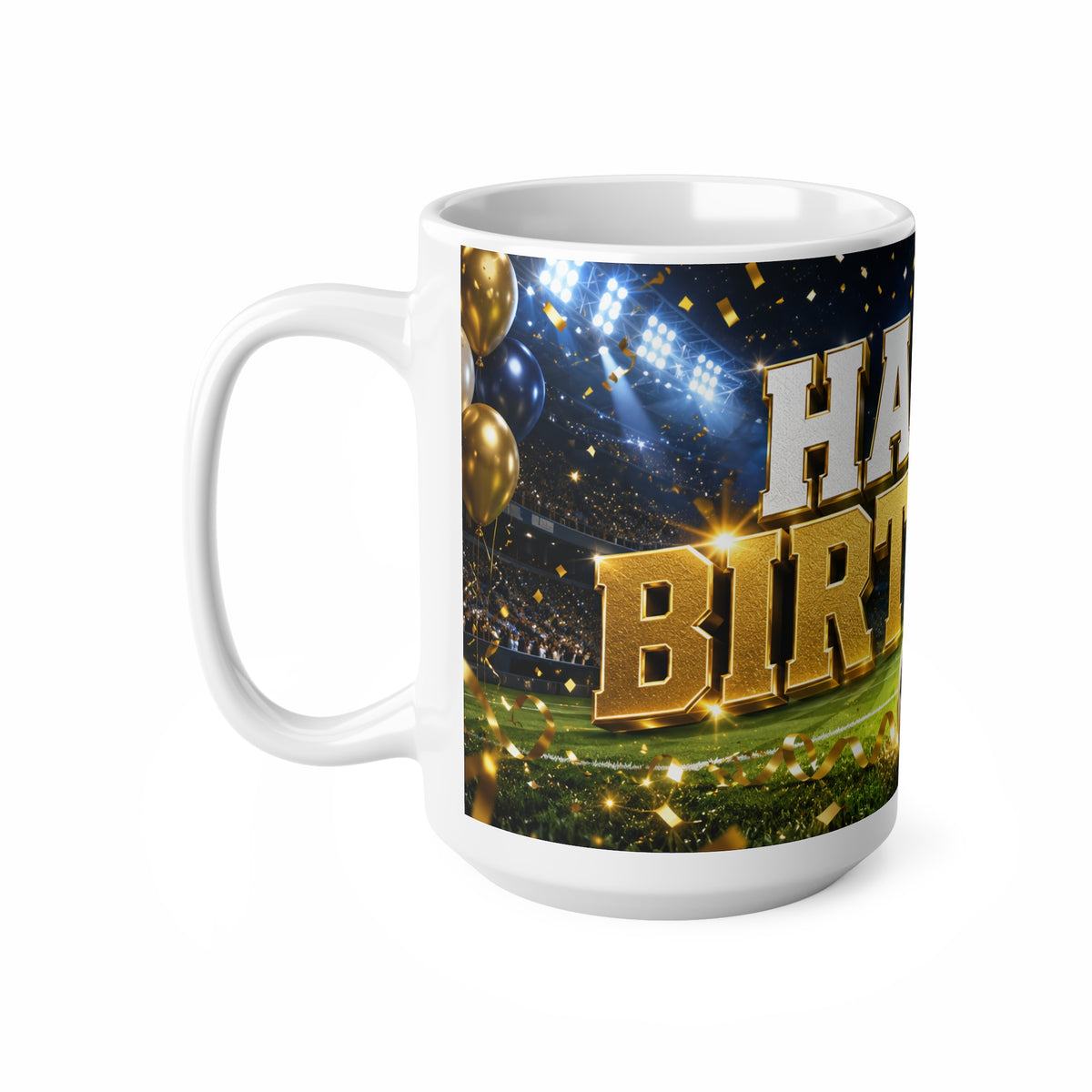 Happy Birthday Soccer Fan Ceramic Mug — Gold Stadium Football Birthday Coffee Cup