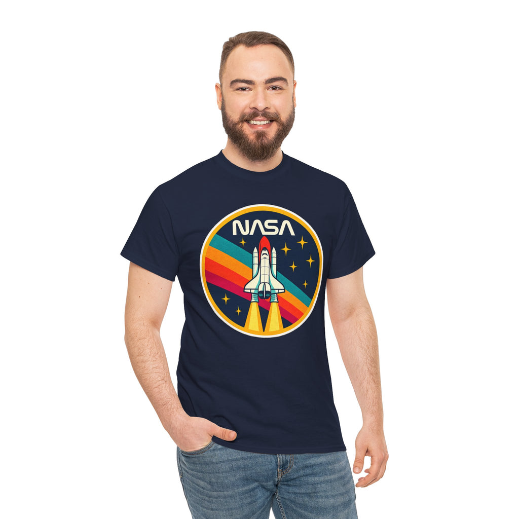 NASA Retro Rocket T‑Shirt — Vintage Space Shuttle Tee with Rainbow Trail