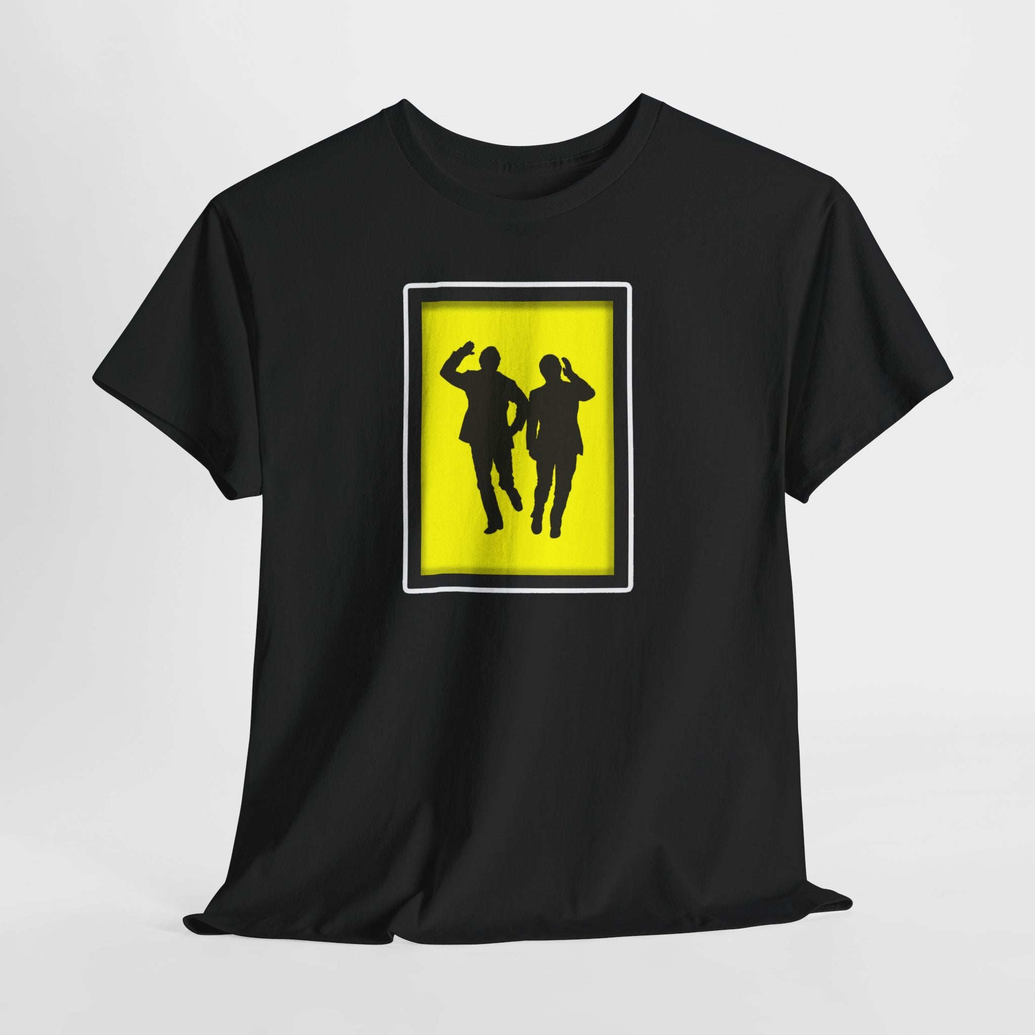 Morecambe and Wise Dancing Silhouette Tee – Retro Yellow Frame Graphic T-Shirt