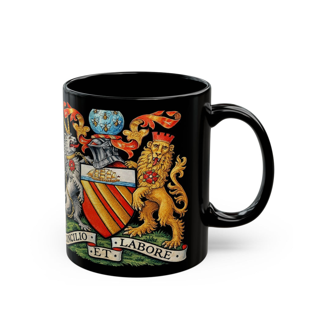 Manchester Coat of Arms Crest Mug — 'Concilio et Labore' Black Coffee Cup