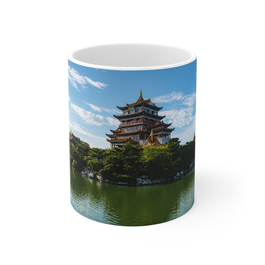Pagoda Lakeside Ceramic Mug — Asian Temple Travel Photo Coffee Cup (11oz/15oz)
