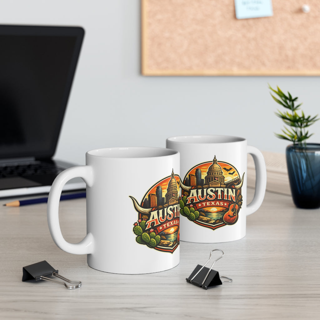 Austin Texas Coffee Mug — Vintage Capitol & Guitar Ceramic Mug (11oz/15oz)