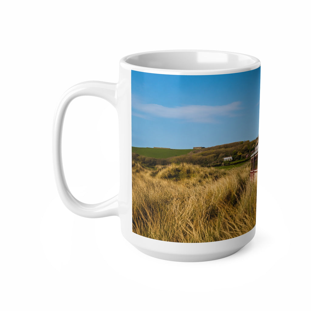Coastal Dunes Camper Photo Mug - Scenic Beach Bus Ceramic Coffee Cup (11oz, 15oz)