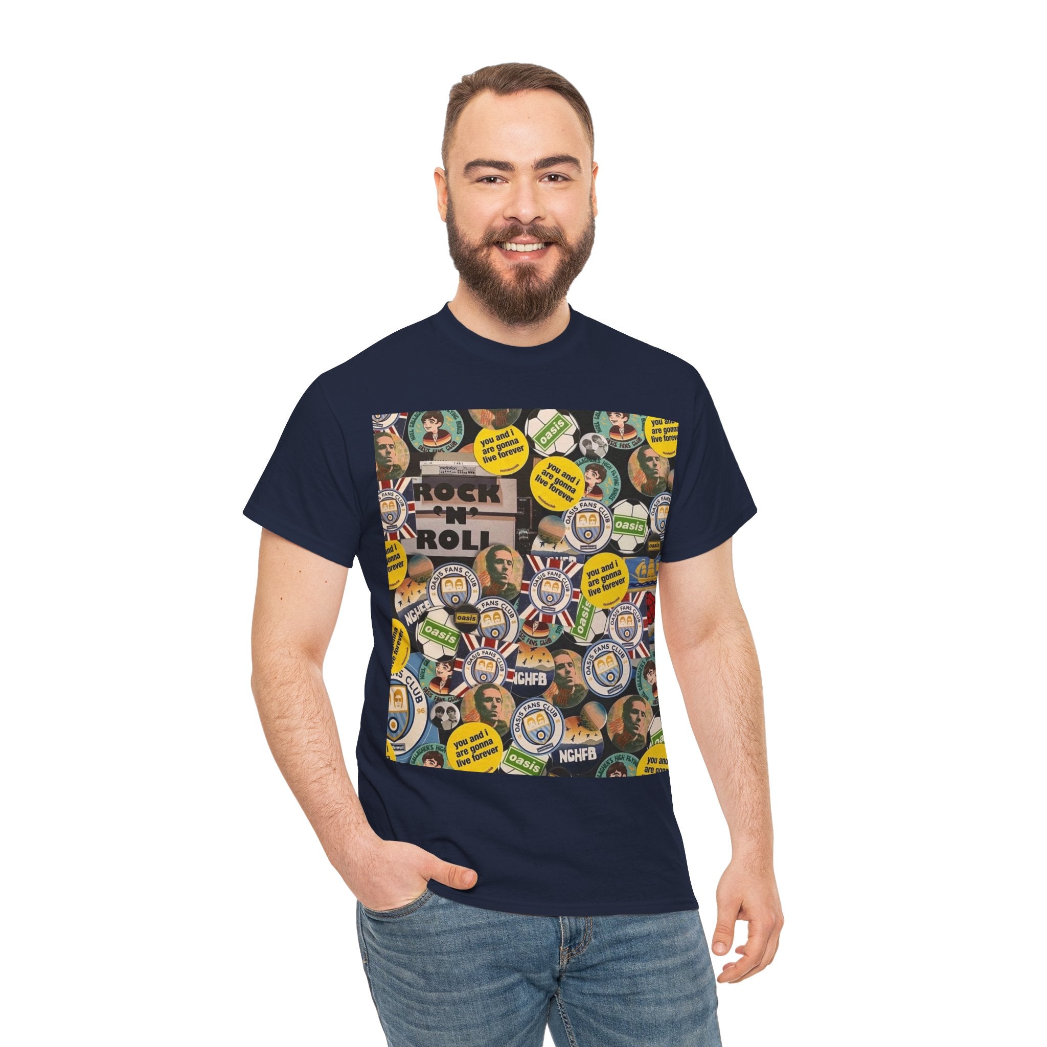 Oasis Rock & Roll Retro Button Collage Tee