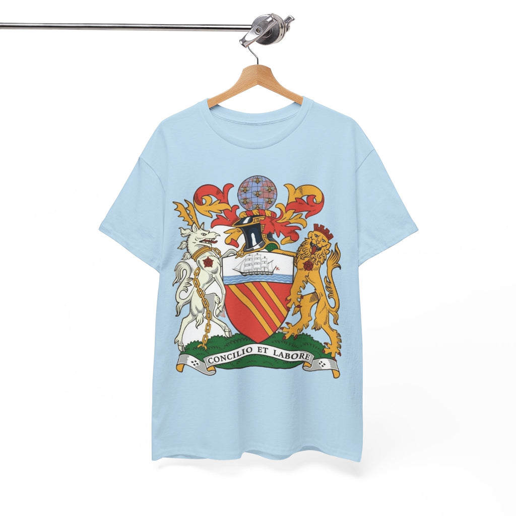 Manchester Coat of Arms Crest T‑Shirt — Heraldic Family Shield Tee with 'Concilio et Labore' Banner