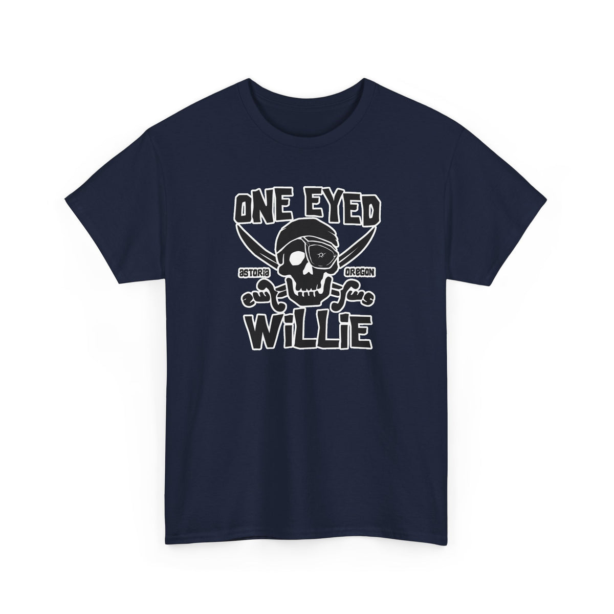 One Eyed Willie Pirate Skull Tee — Retro Nautical Adventure Graphic Shirt
