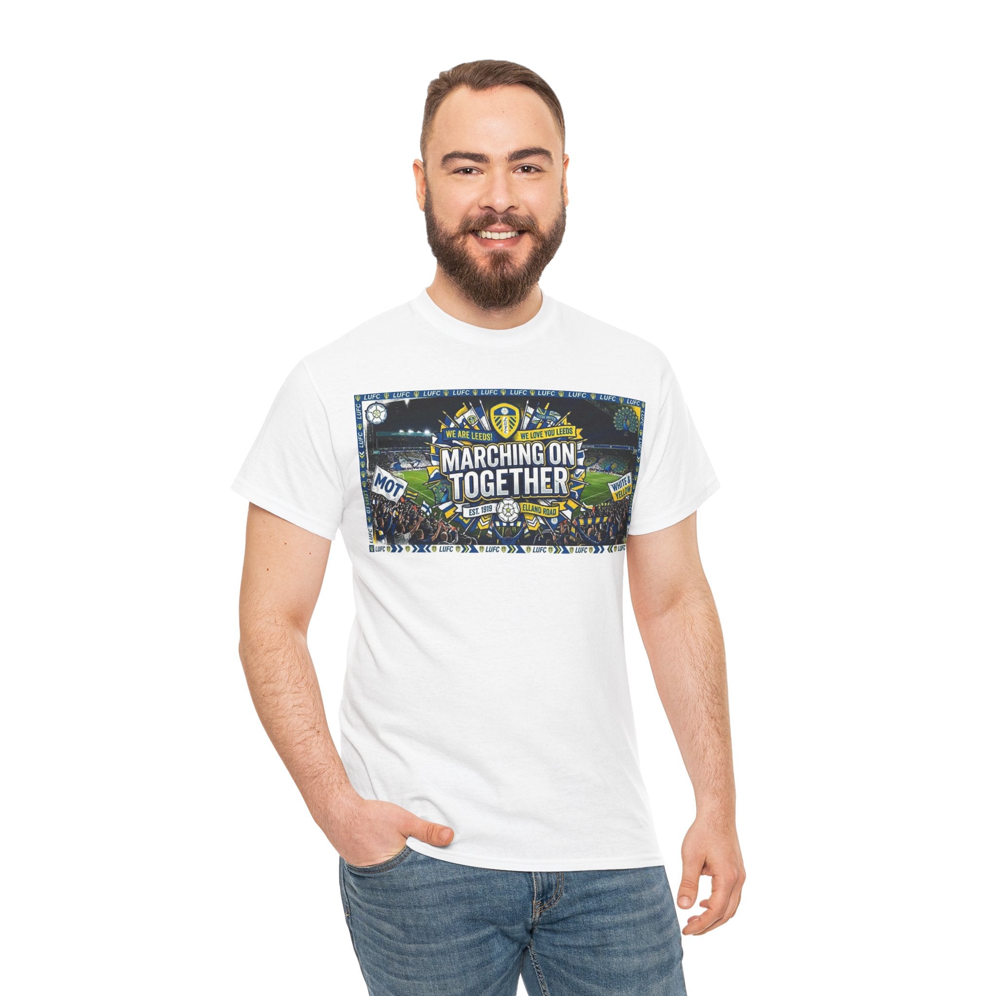 Leeds United T-Shirt — "Marching On Together" Fan Tee (Soccer Supporter Graphic)