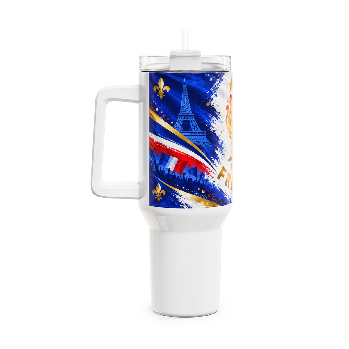 France Rooster 40oz Tumbler – French Flag Travel Cup with Eiffel Tower & Fleur-de-Lis Design