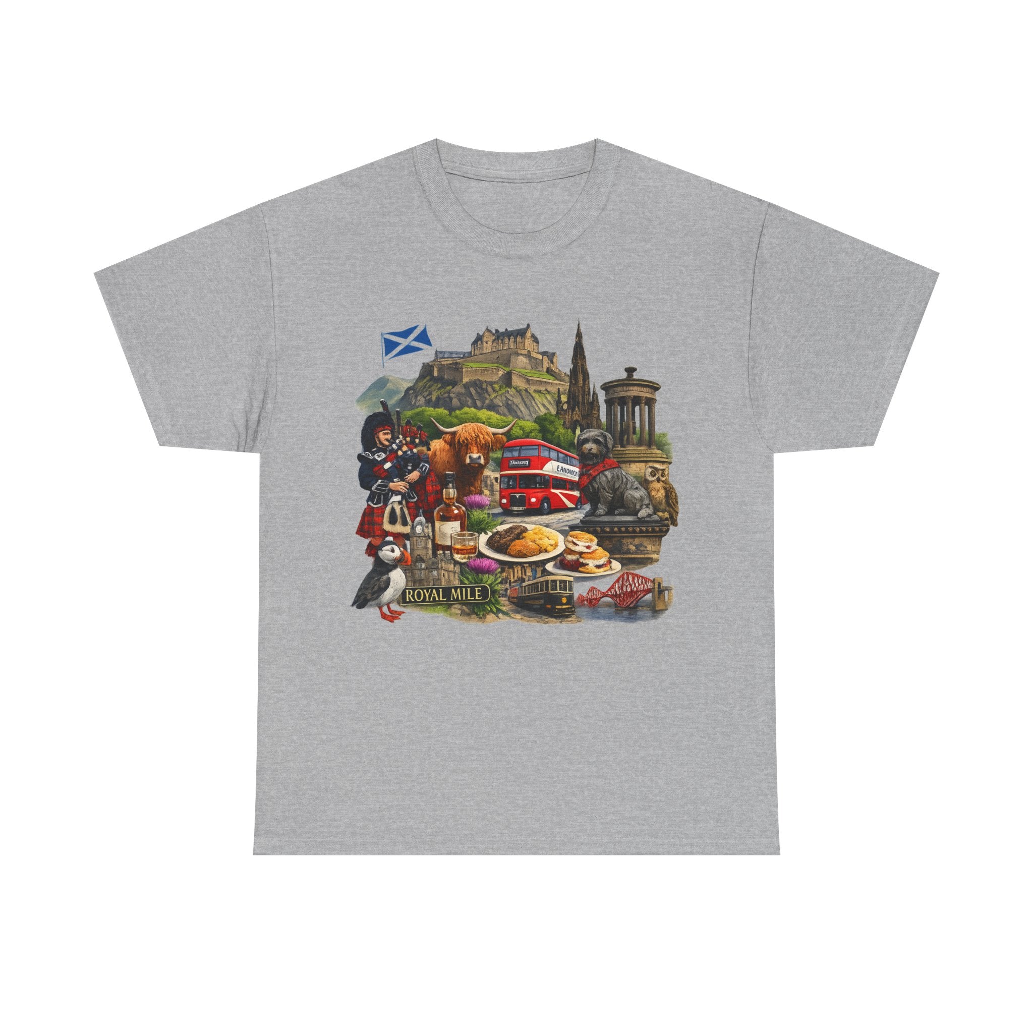 Scotland / Edinburgh Travel Collage T-Shirt — Edinburgh Castle, Bagpipes & Local Icons