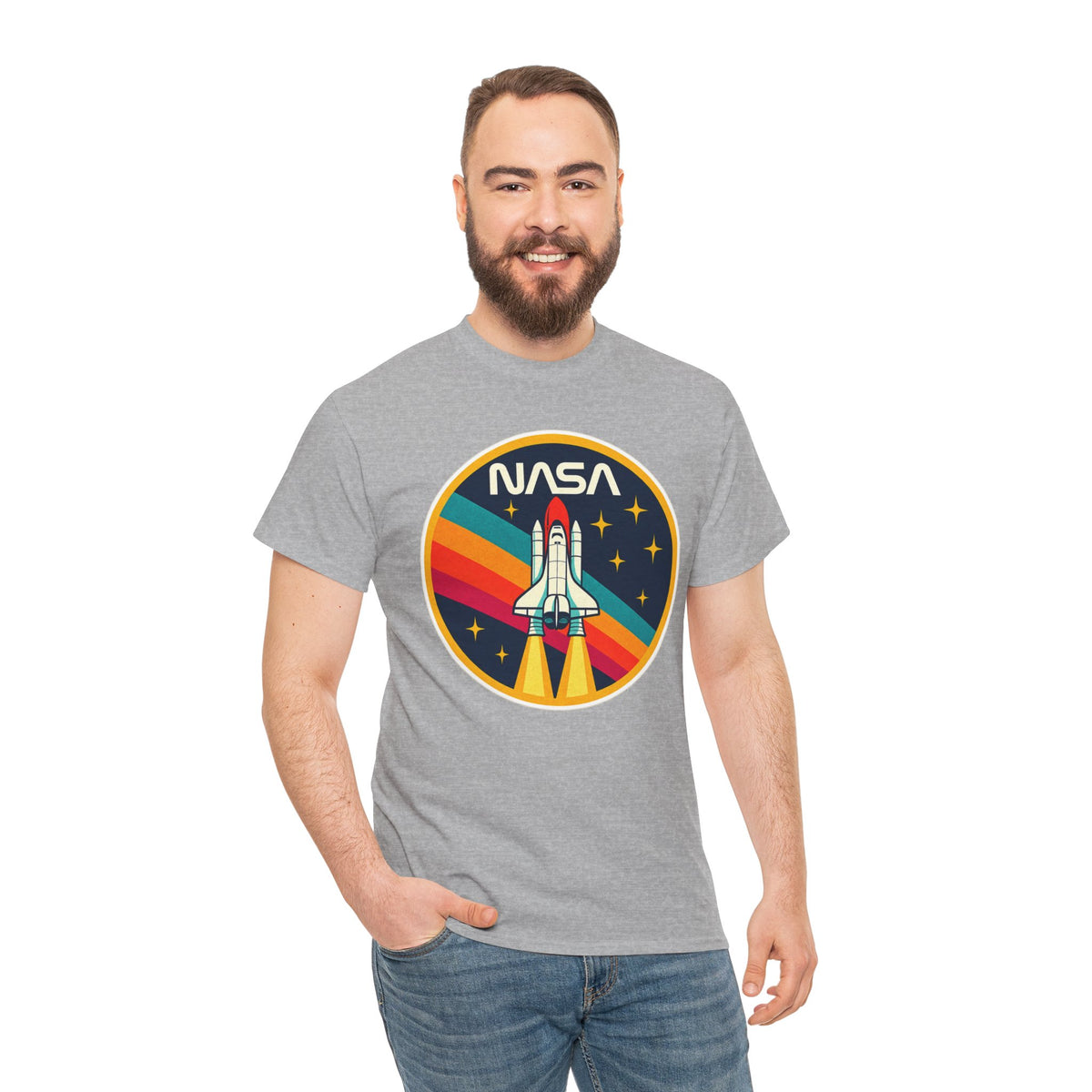 NASA Retro Rocket T‑Shirt — Vintage Space Shuttle Tee with Rainbow Trail