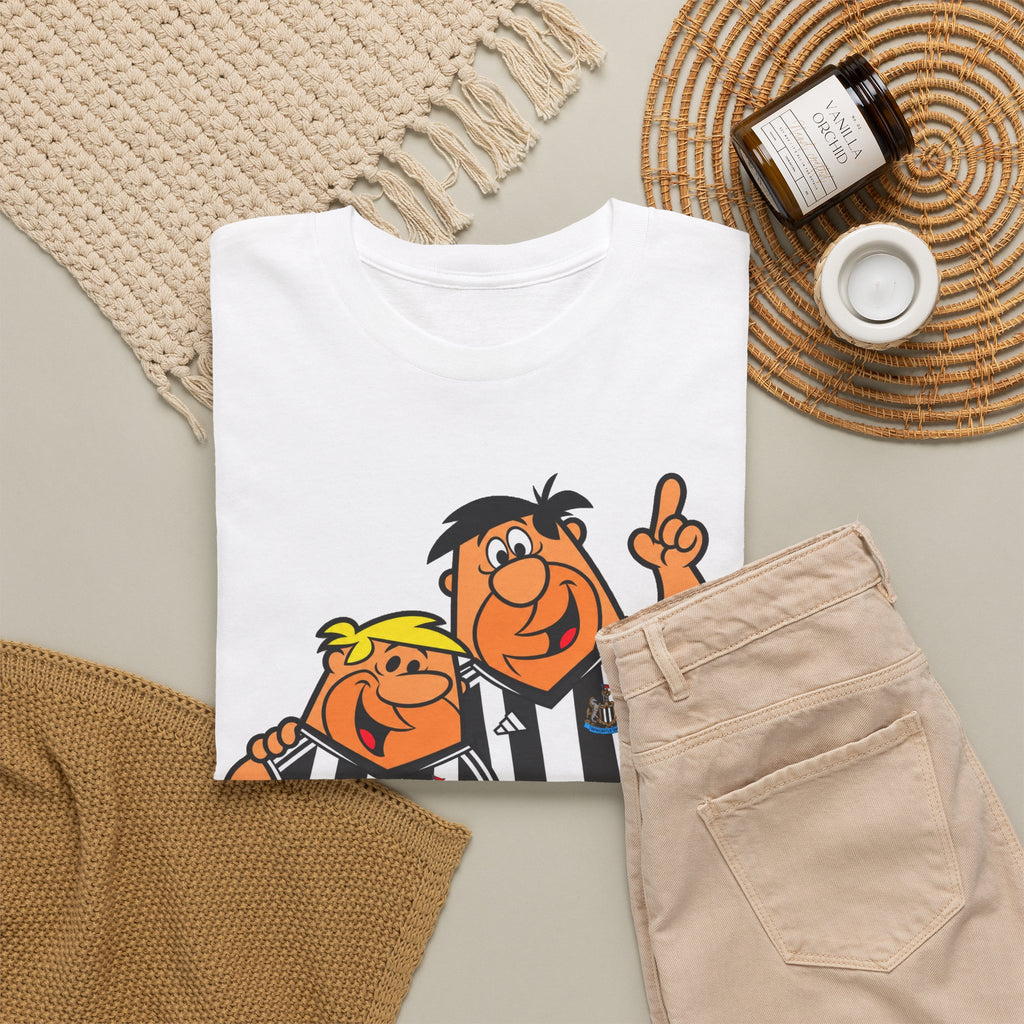 Newcastle United Flintstones Cartoon Cotton T-Shirt / Tee — Retro Striped Jersey Illustrations