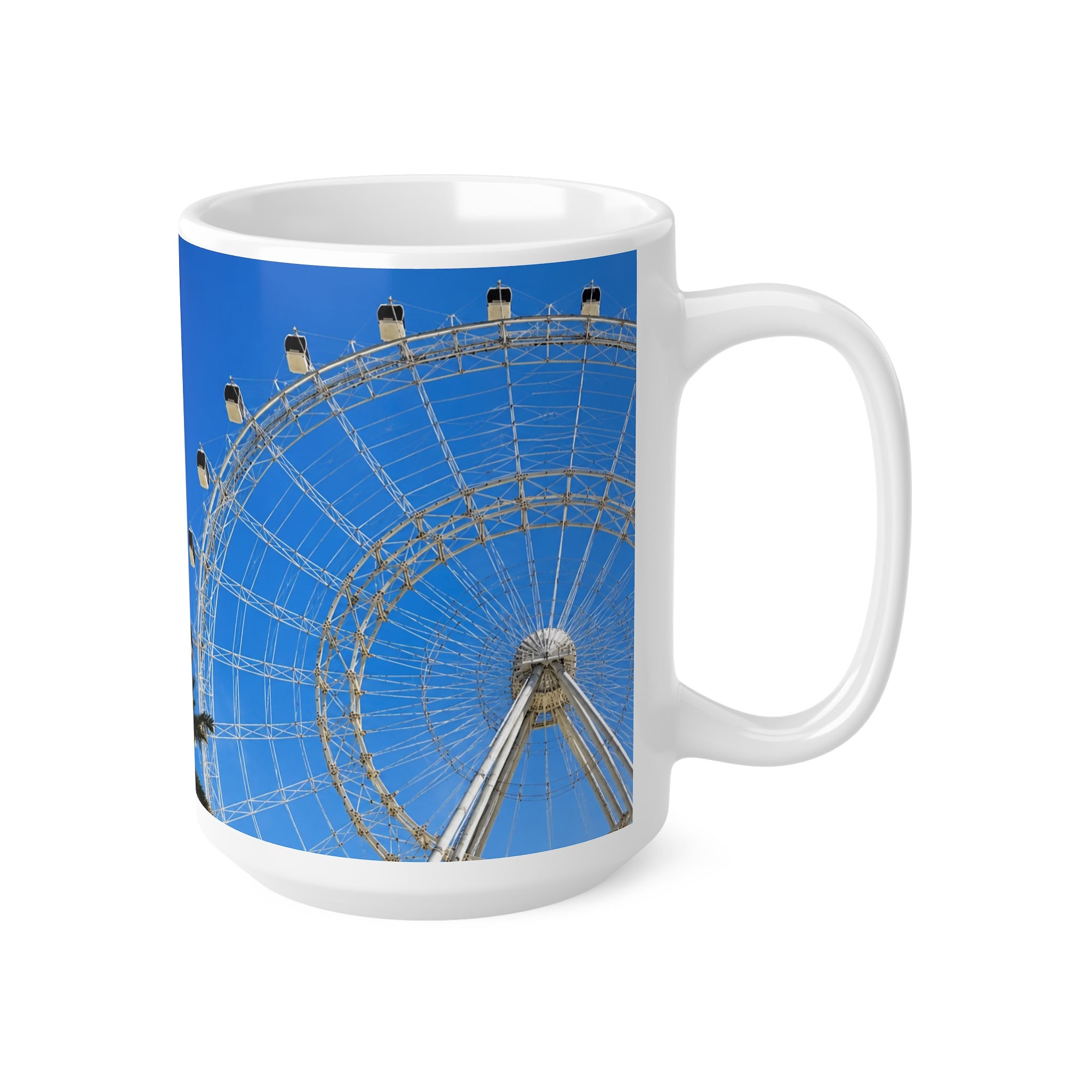 Orlando Icon Park Ferris Wheel & Palm Tree Ceramic Coffee Mug — Blue Sky Photo Mug (11oz, 15oz)