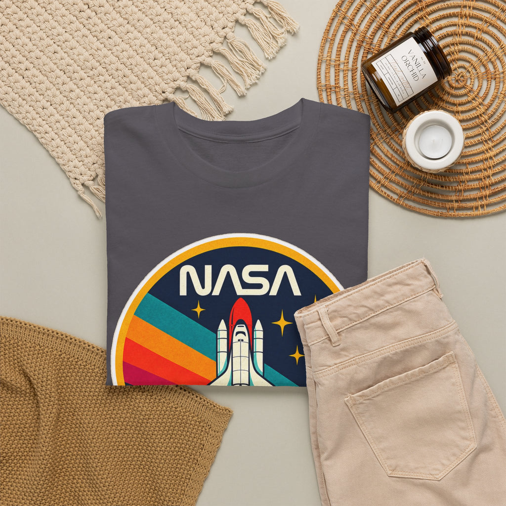 NASA Retro Rocket T‑Shirt — Vintage Space Shuttle Tee with Rainbow Trail