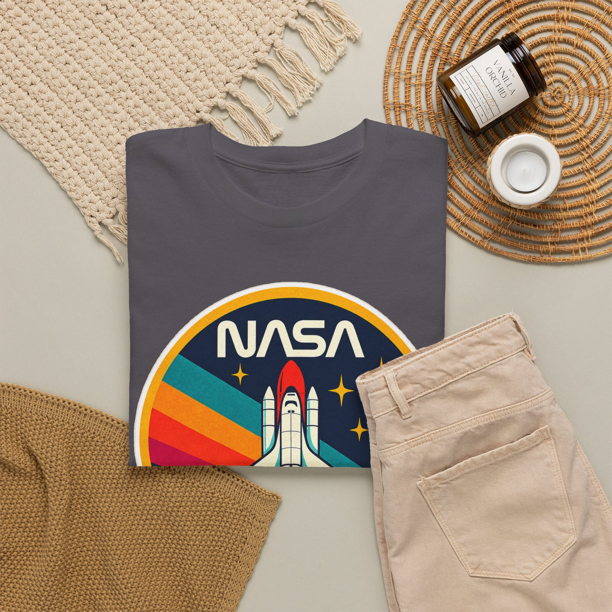 NASA Retro Rocket T‑Shirt — Vintage Space Shuttle Tee with Rainbow Trail