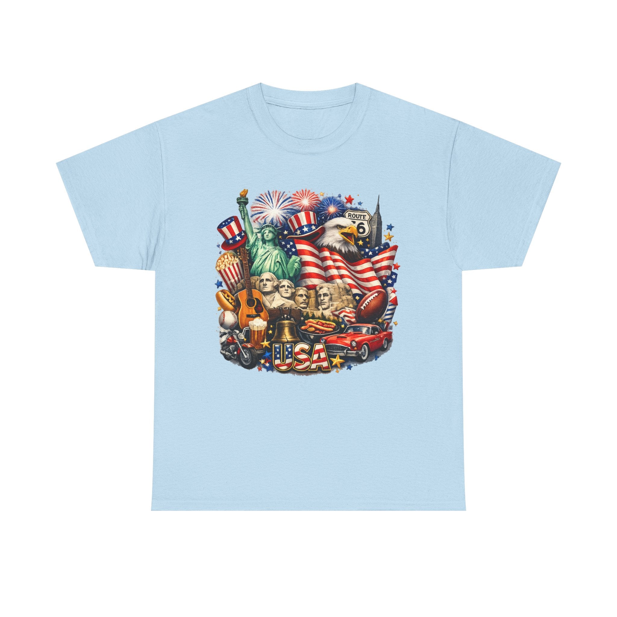Patriotic USA Graphic Tee – American Flag, Statue of Liberty & Fireworks T-Shirt