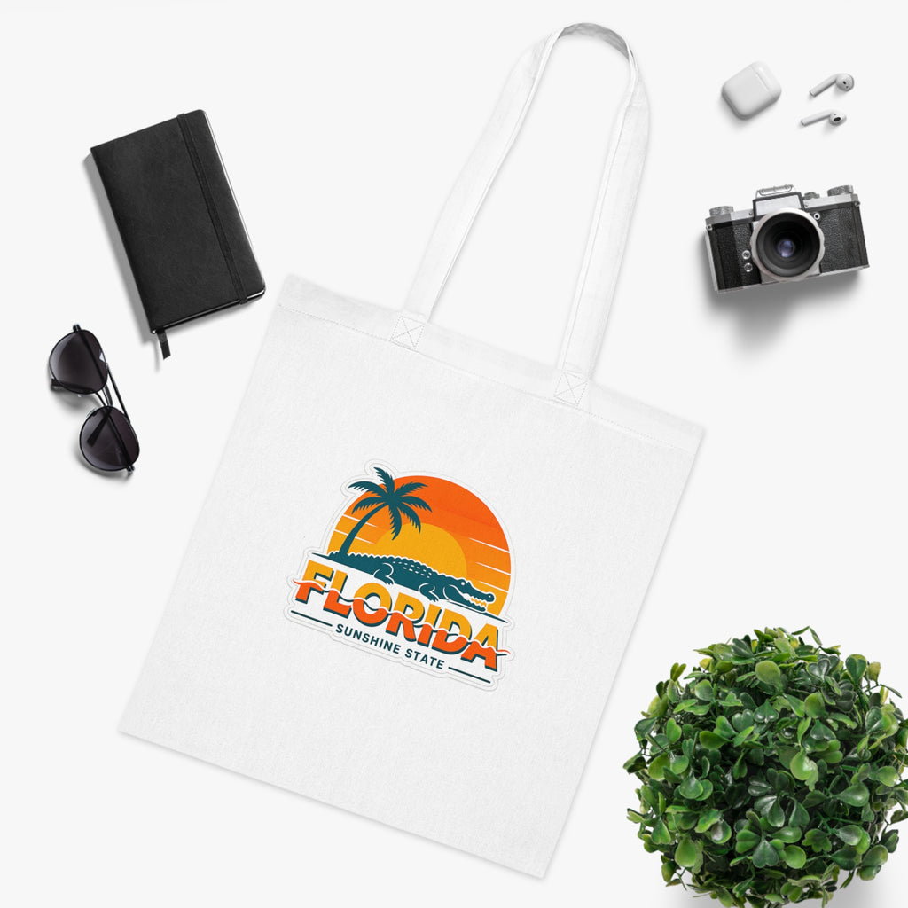 Florida Sunshine State Palm Tree Tote Bag — Retro Beach Sunset Cotton Tote
