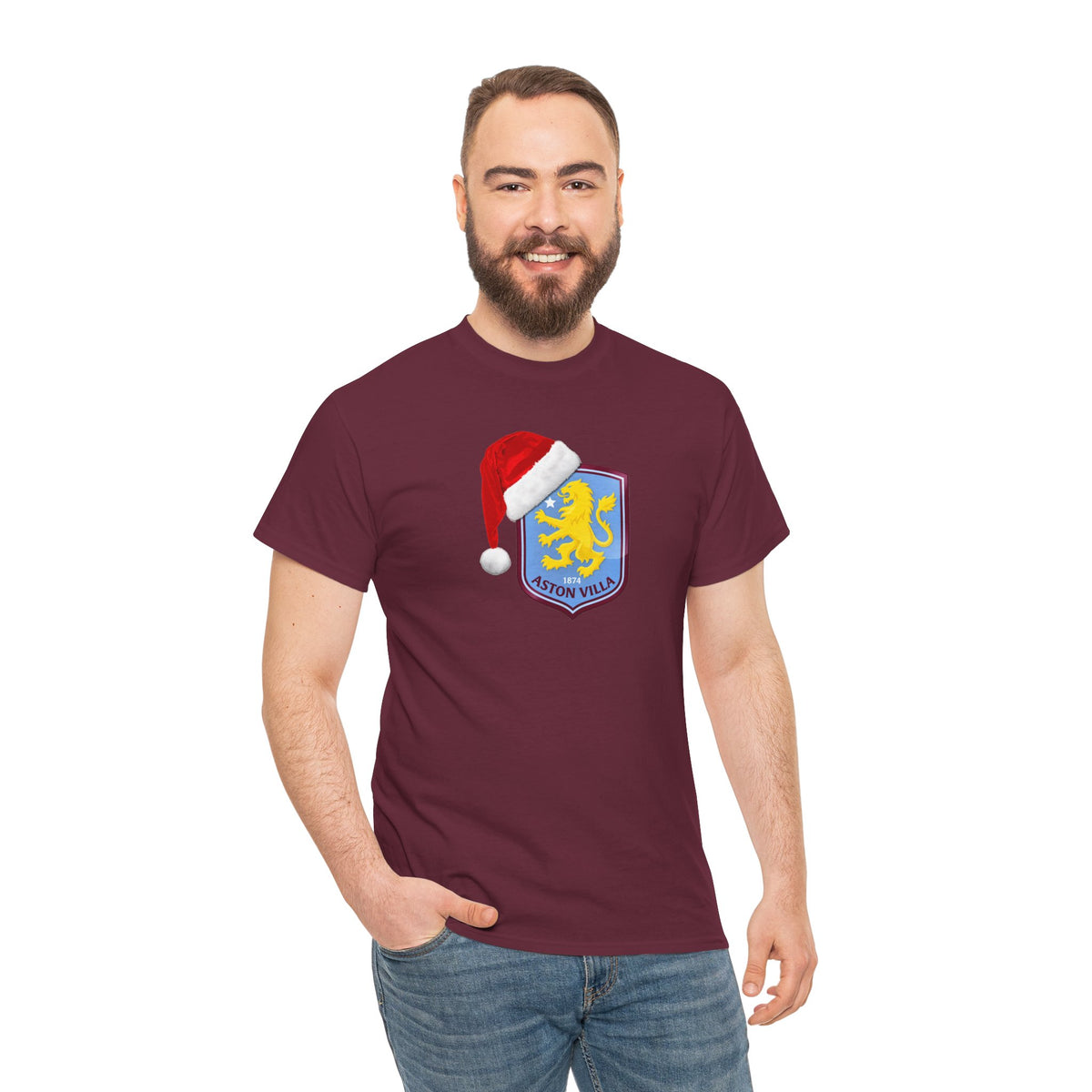 Aston Villa Crest Tee with Santa Hat — Holiday Football Fan Shirt