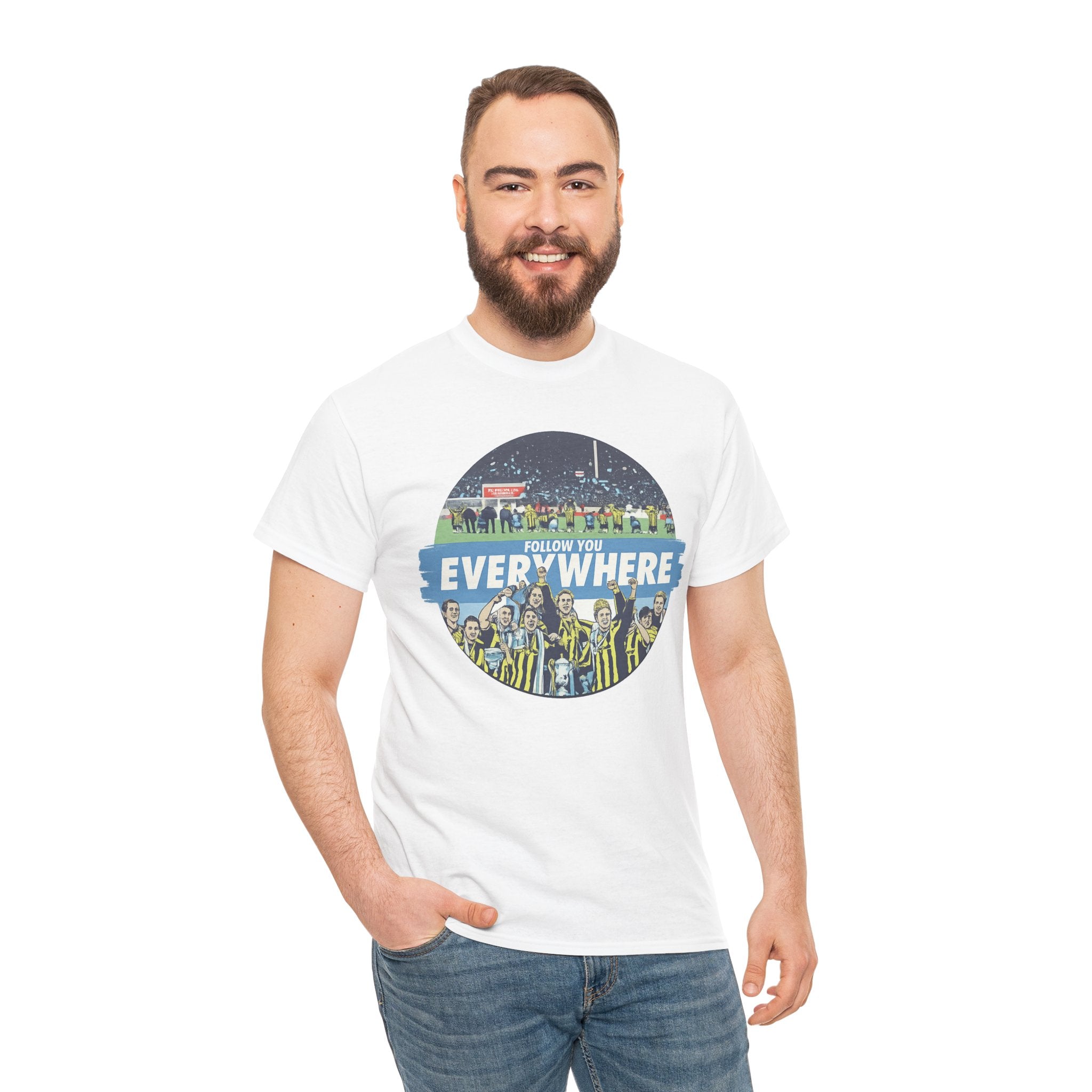 Manchester City Everywhere Soccer Crowd Graphic Tee — 'Follow You Everywhere' Fan Shirt