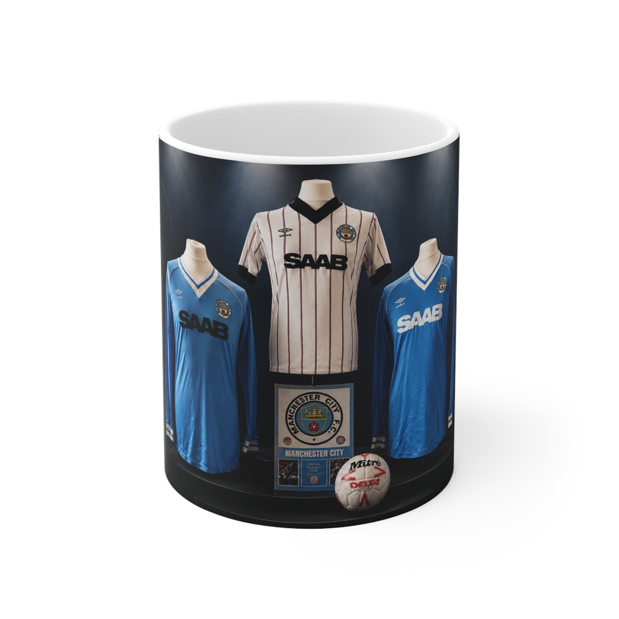 Manchester City Retro Saab Football Jersey Ceramic Mug — Vintage Soccer Memorabilia Coffee Cup (11oz/15oz)