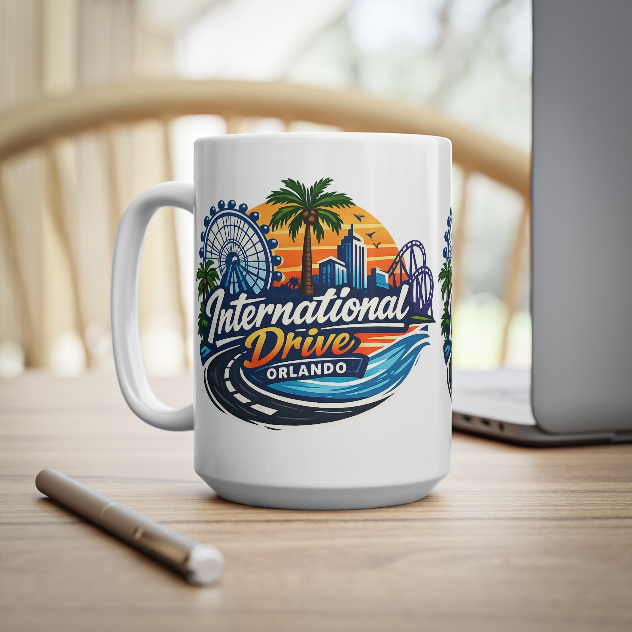 Orlando International Drive Souvenir Mug — 11oz/15oz Ceramic Coffee Cup with Ferris Wheel & Sunset Design