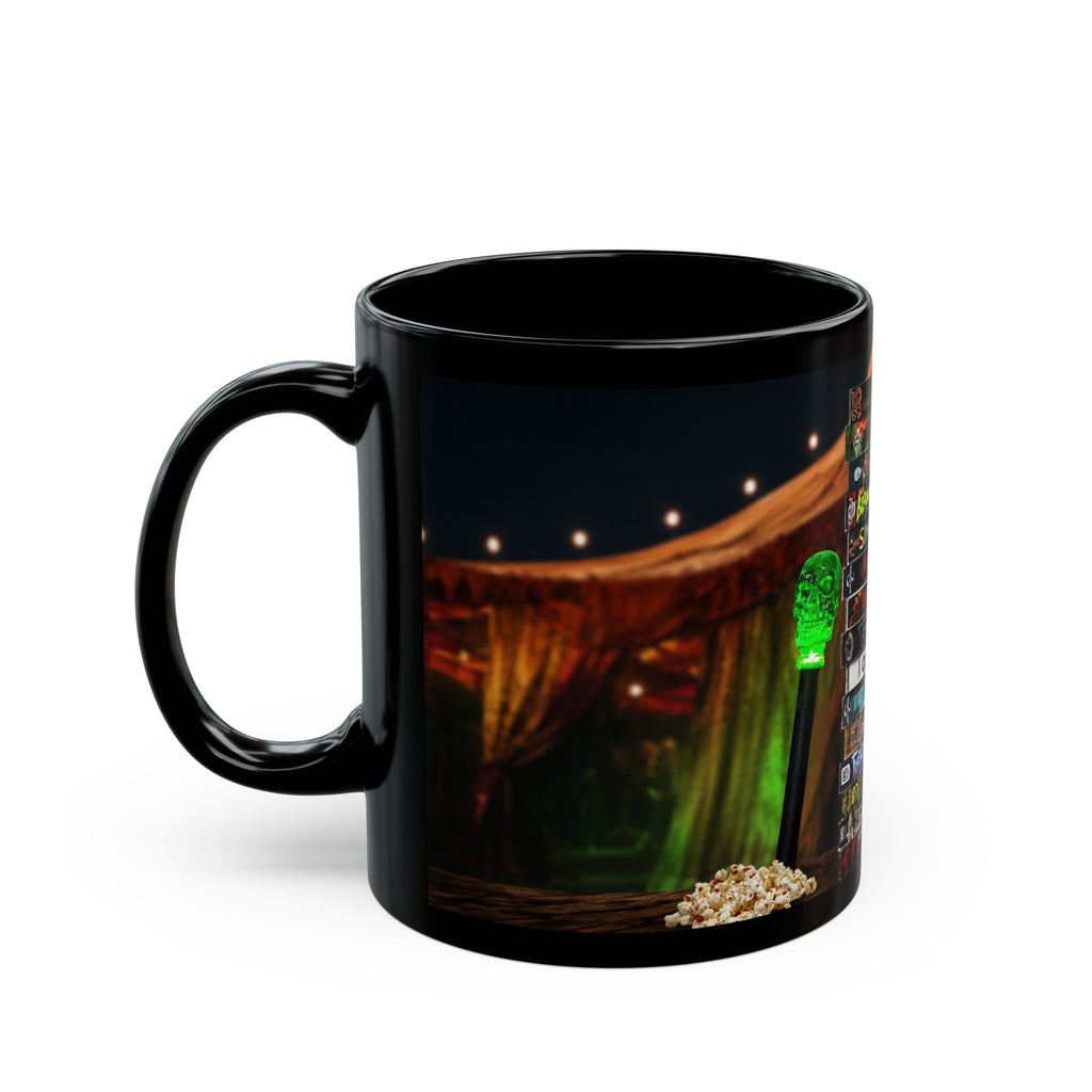 Gothic Horror Bookstack Black Coffee Mug — Vintage Circus, Witchy Reading Vibe (11oz/15oz)