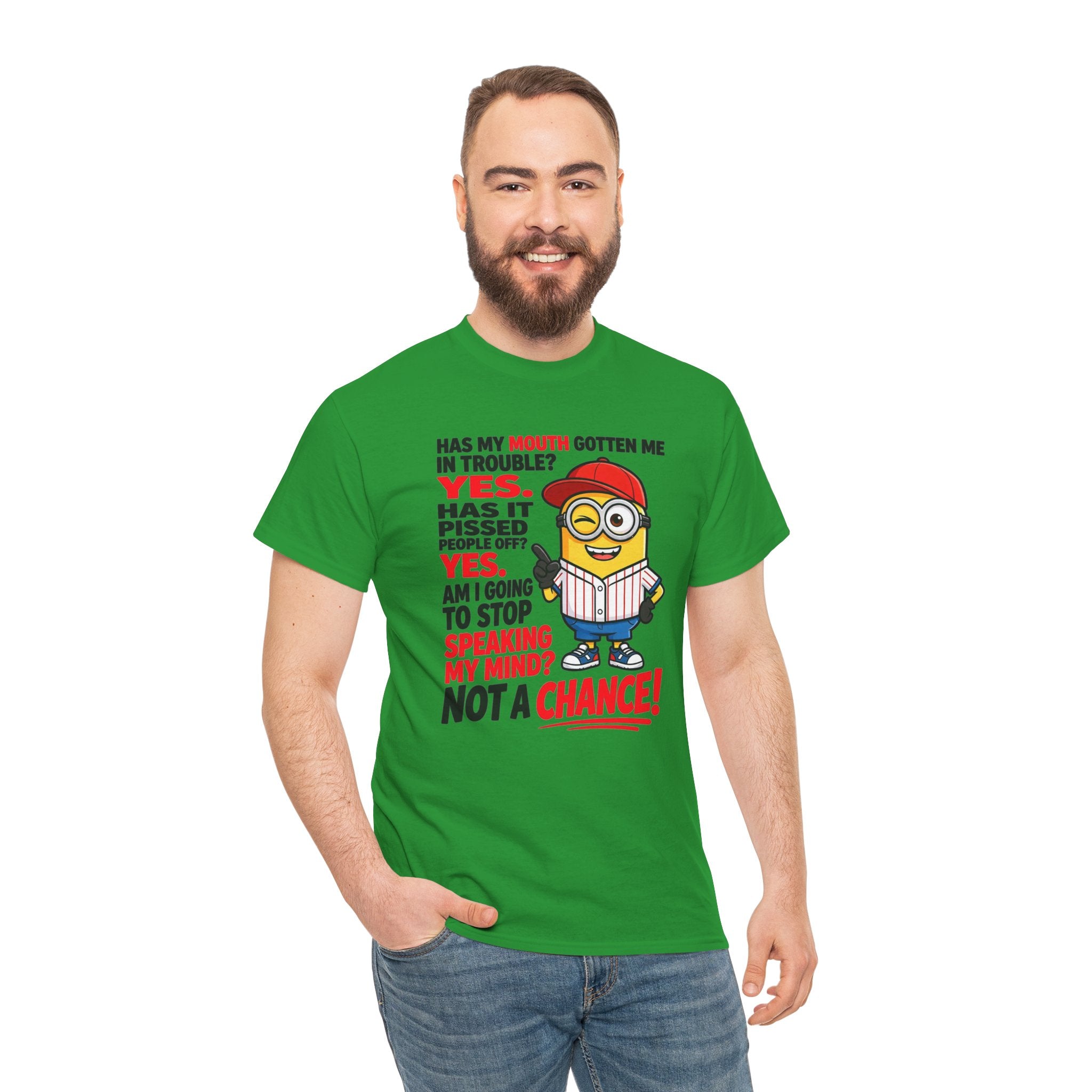 Funny Minion Shirt — "Has My Mouth Gotten Me in Trouble? Not a Chance!" Graphic Tee