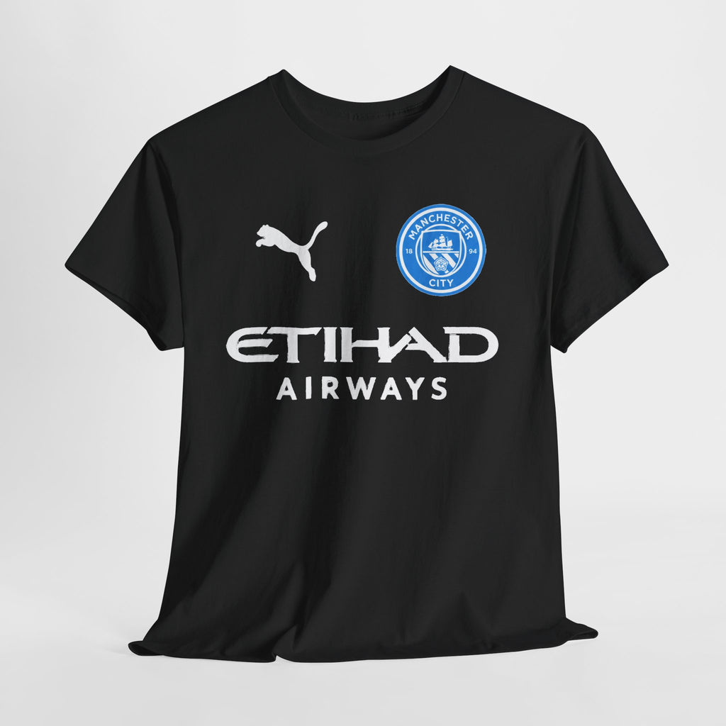 Man City Inspired Etihad Airways Logo Tee - Black Puma Style Football Shirt