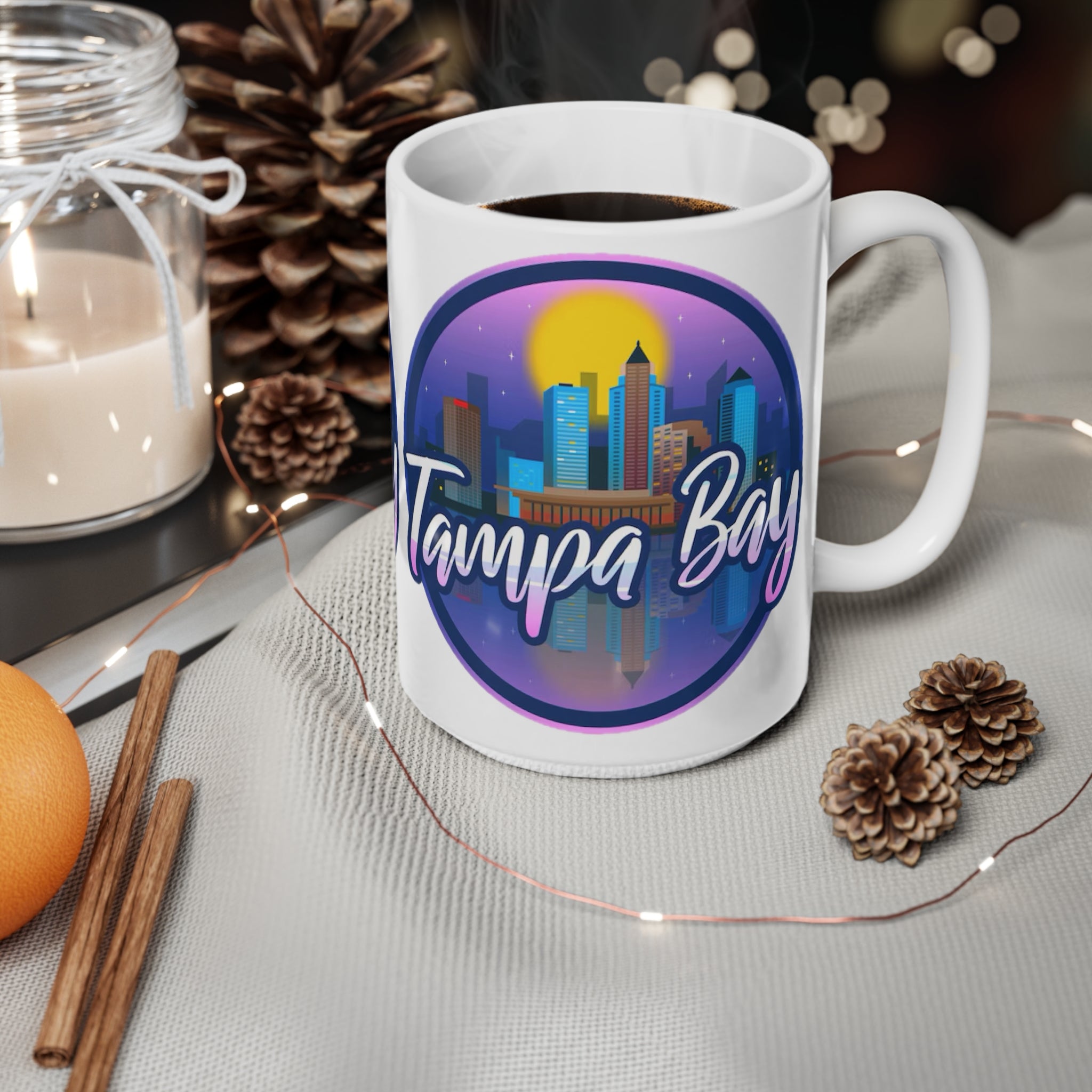 Tampa Bay Skyline Ceramic Coffee Mug — Retro Sunset Cityscape, 11oz & 15oz