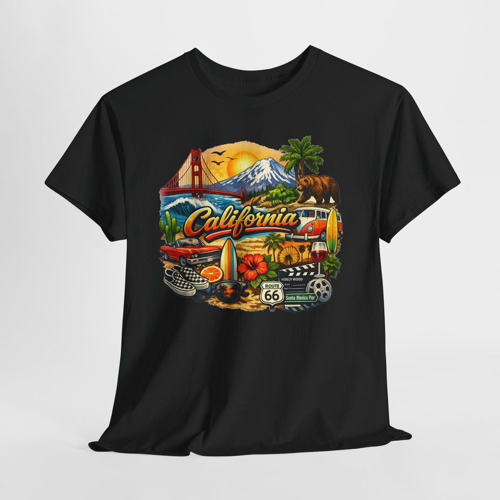 California Vintage Travel T-Shirt — Golden Gate, Palm Trees & Route 66 Tee
