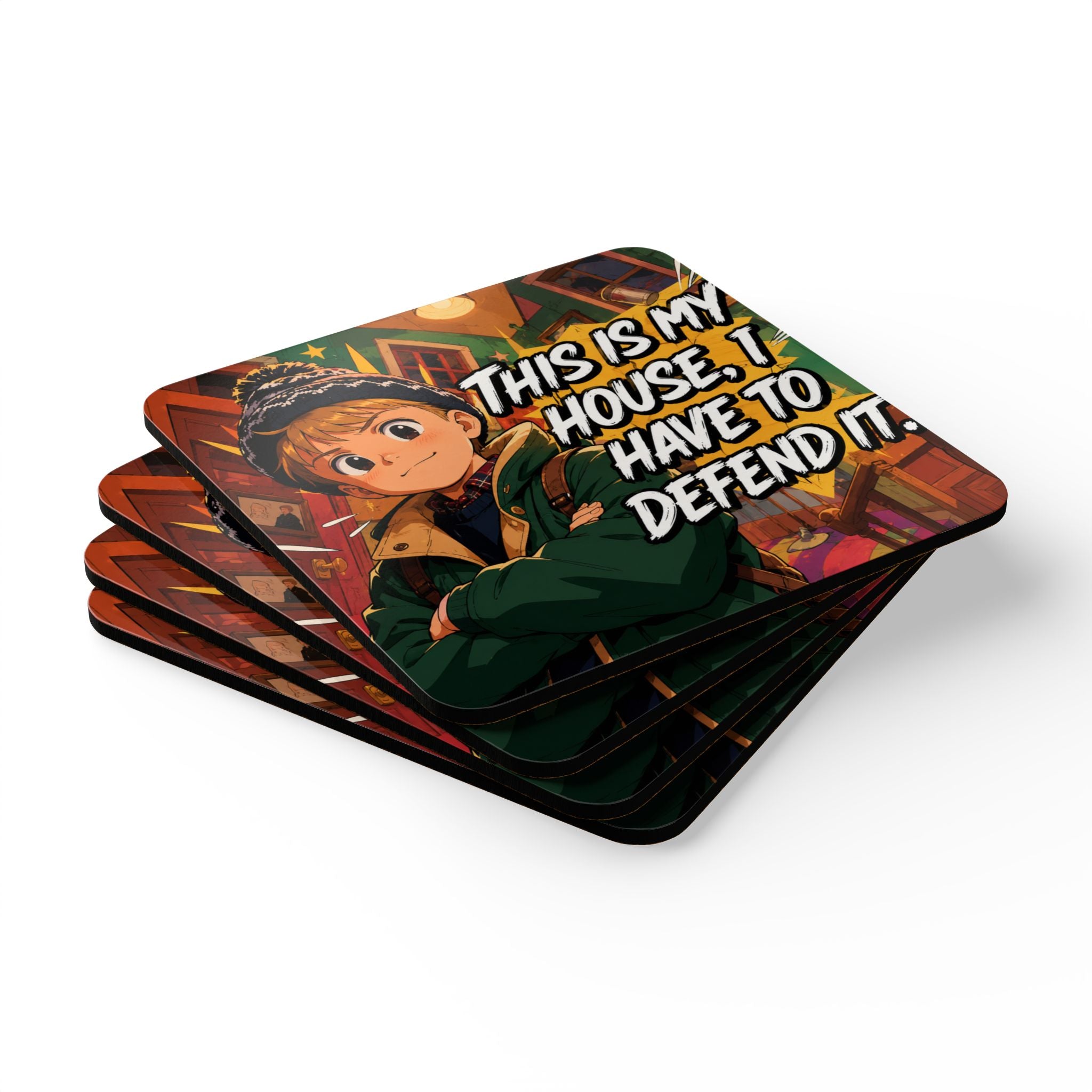 Home Alone Inspired Anime Quote Cork Coaster Set — “This Is My House, I Have To Defend It”