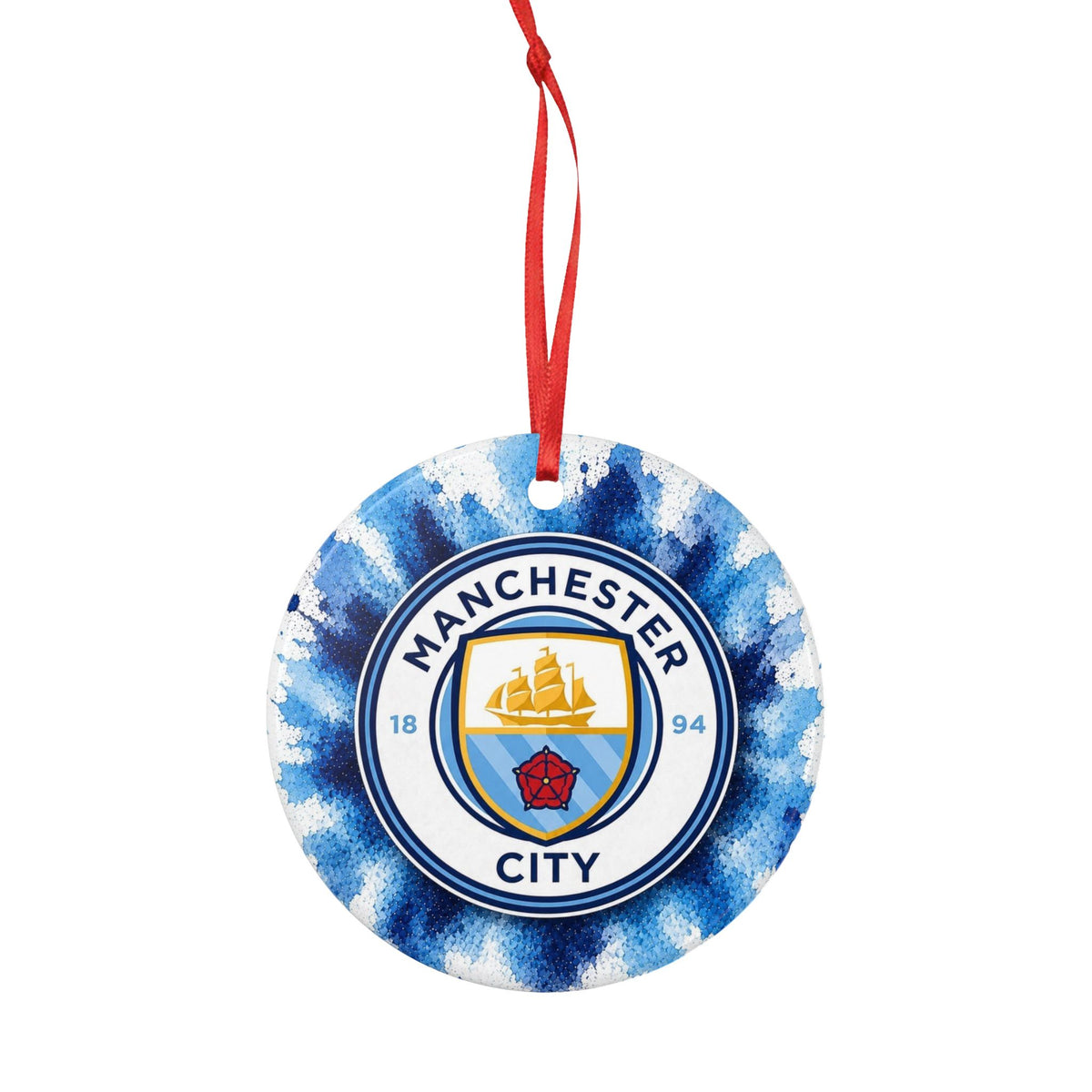 Manchester City Ceramic Ornament — Double-Sided Blue Tie-Dye Holiday Decoration