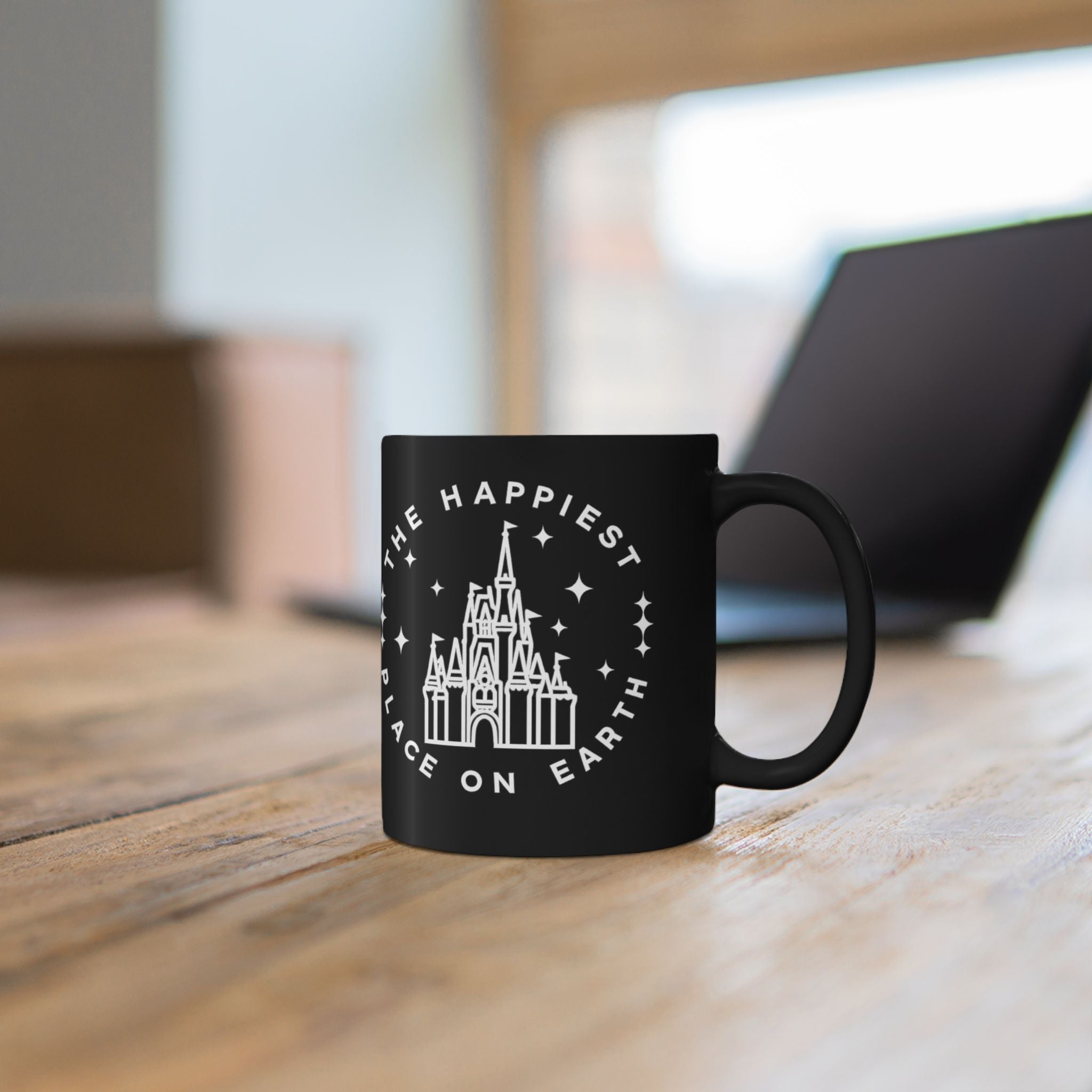 Black Castle Mug — "The Happiest Place on Earth" Ceramic Coffee Cup (11oz/15oz)