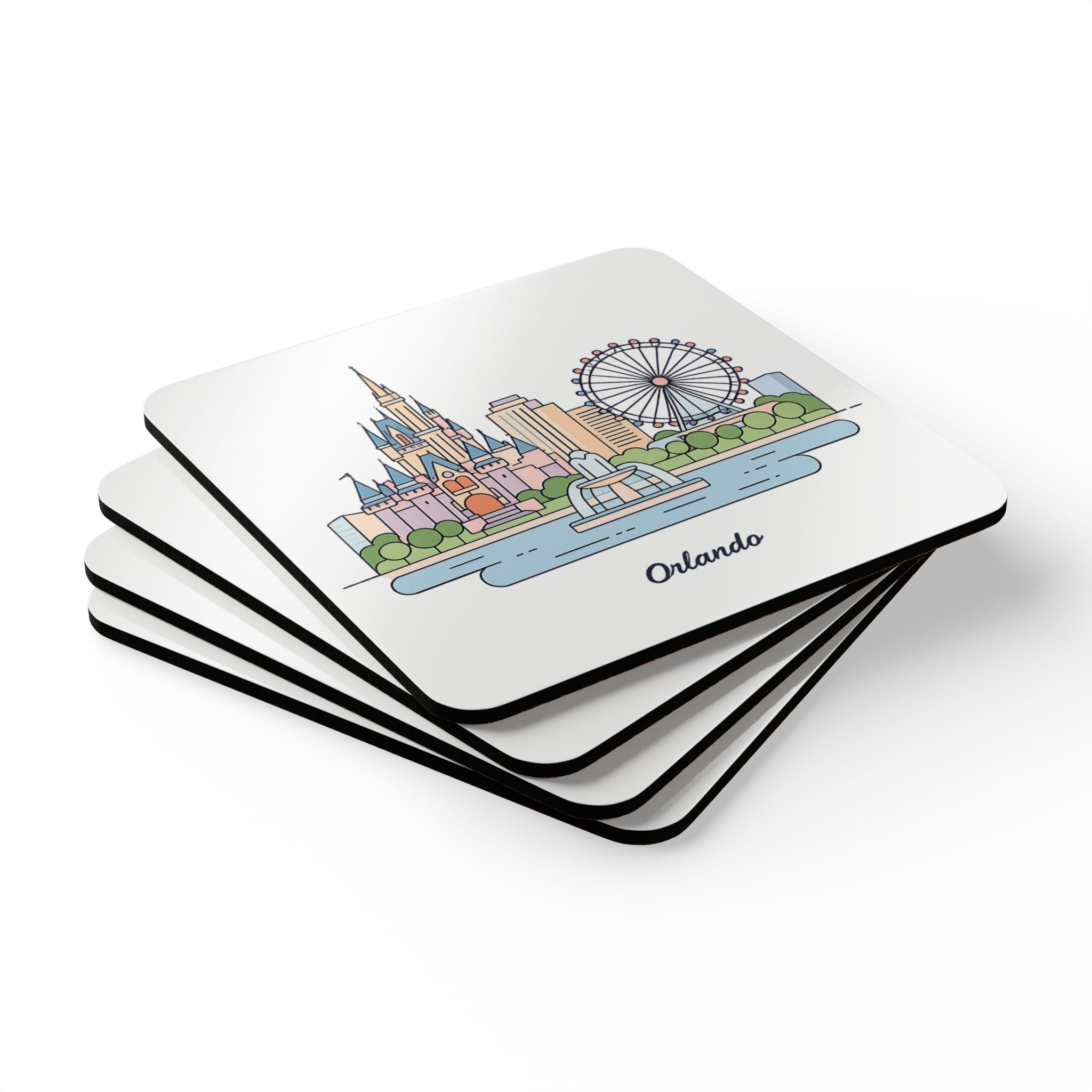 Orlando Skyline Cork Coaster Set – Illustrated Cityscape Drink Coasters (4-Pack)