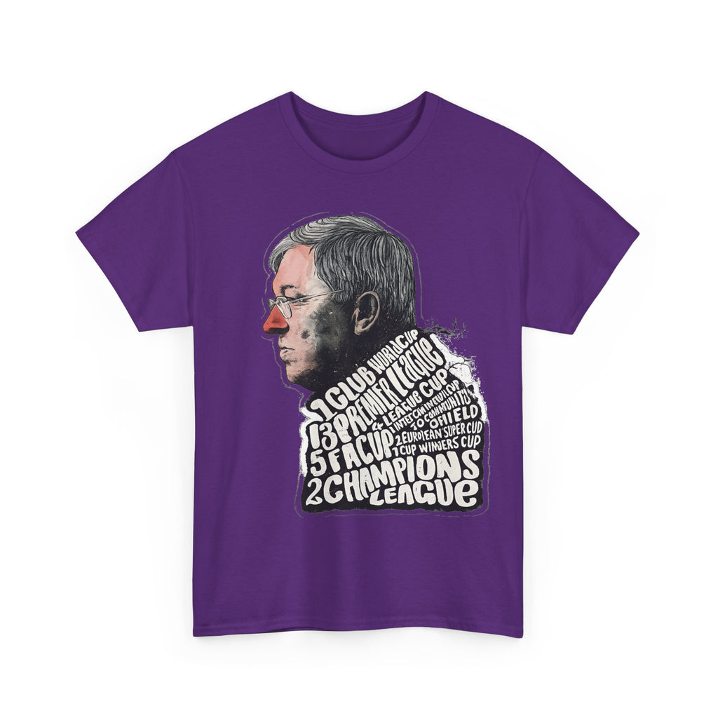 SIr Alex Ferguson Achievements Vintage Football Manager Profile Tee — Illustrated Head with Trophy Text Design