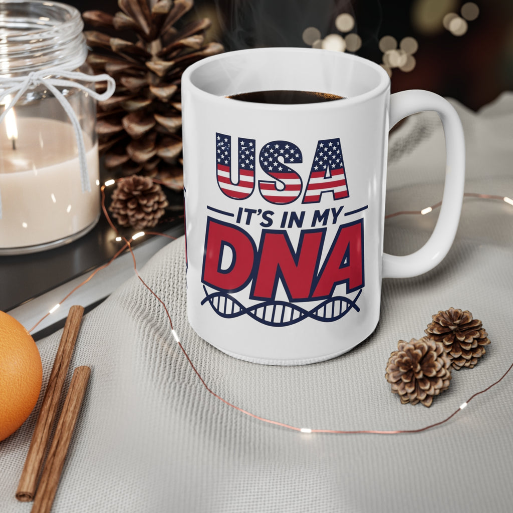 USA It's in My DNA Ceramic Coffee Mug — Patriotic 11oz/15oz Tea Cup