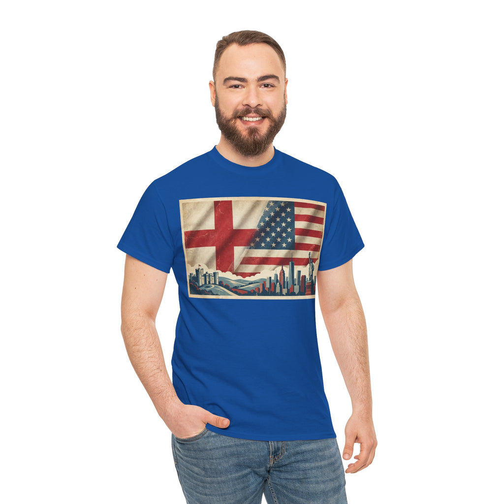 England + USA Flag Skyline T-Shirt — Vintage London & New York City Pride Tee