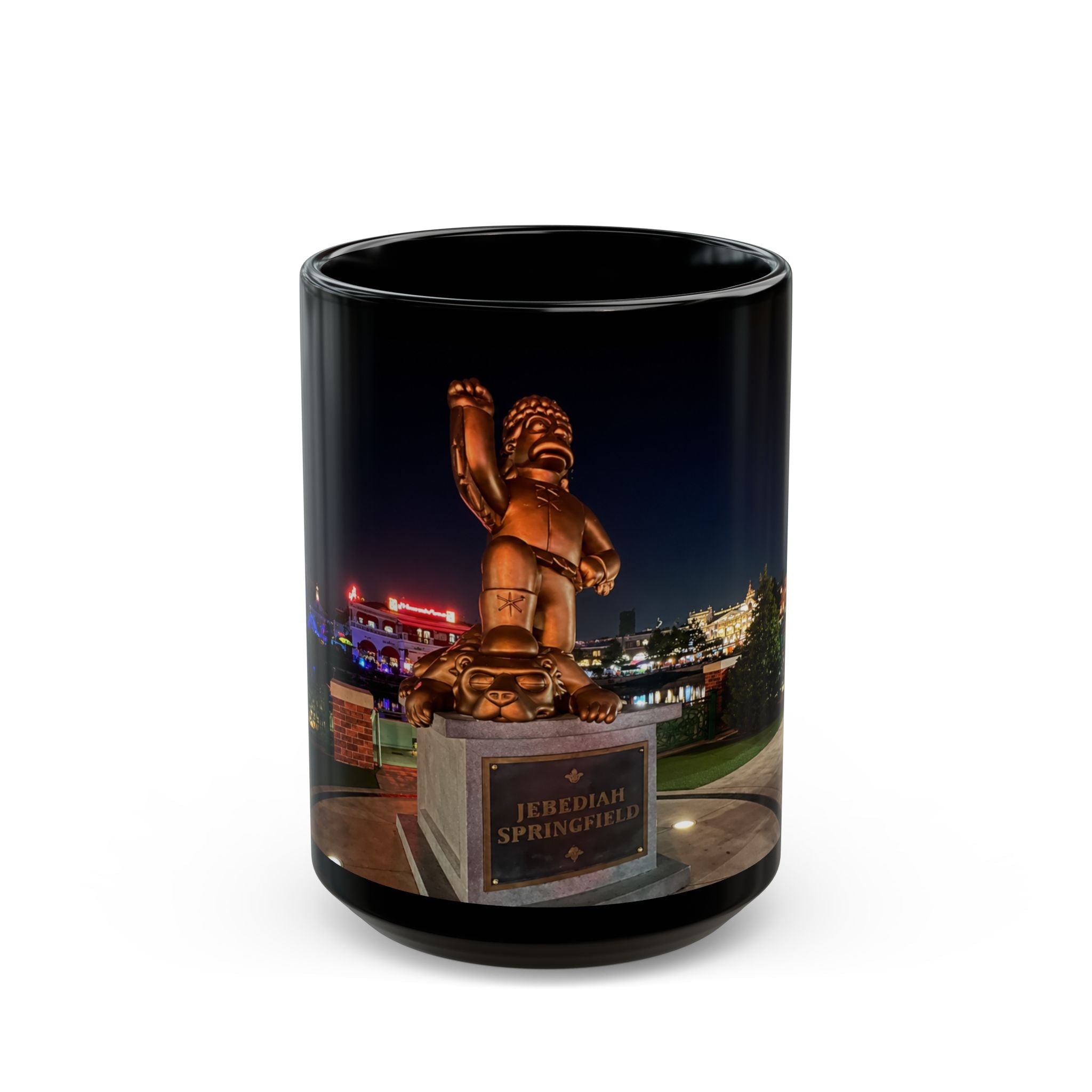 The Simpsons Photo Mug — University Statue & Campus Lights (Black 11oz/15oz)