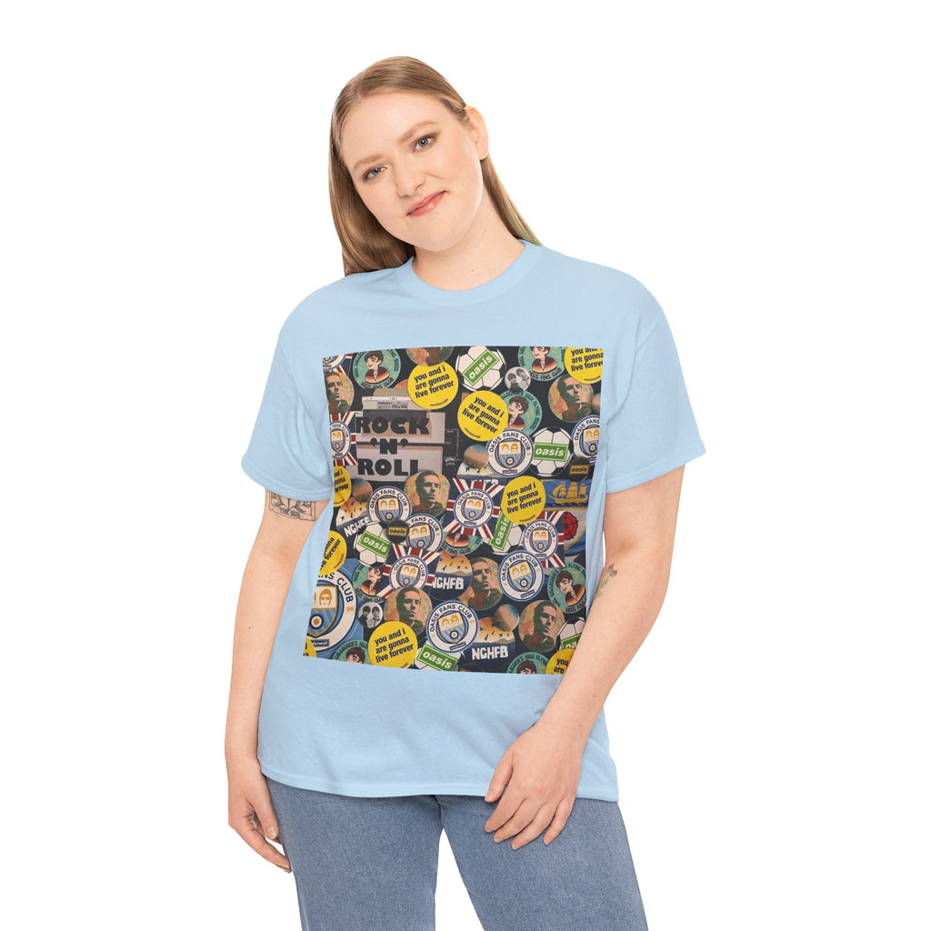 Oasis Rock & Roll Retro Button Collage Tee